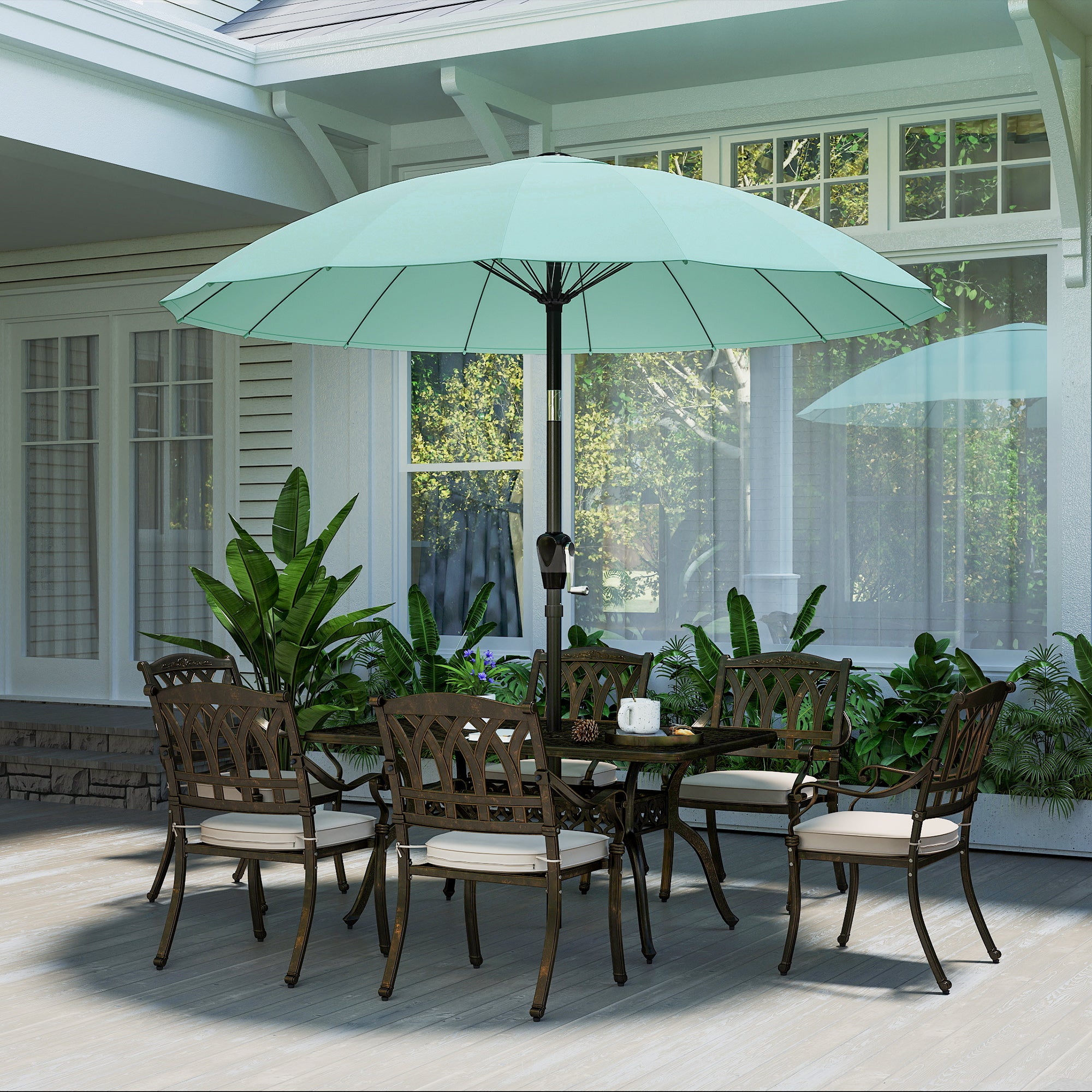 2 m (6.6 ft) Round Outdoor Patio Parasol — Tilting Center Pole, Crank Open, 16 Fiberglass Ribs, 180 g/m² Polyester (≈5.3 oz/yd²), UPF30+, Turquoise