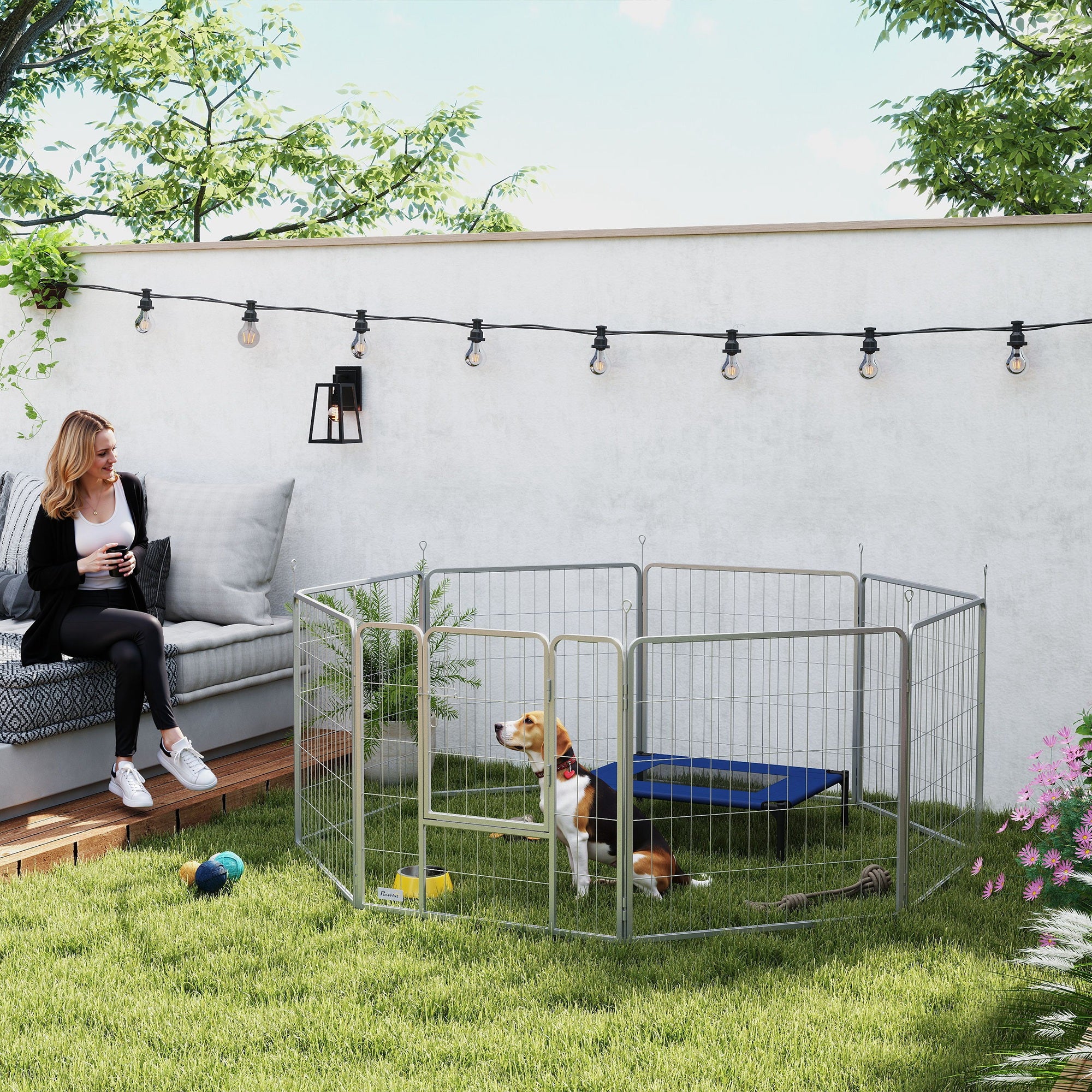 Puppy Playpen 8-Piece Puppy Play Area with 8 Grid Panels Door Ground Stakes Flexible Tarp Outdoor Playpen 80 cm High Dog Pen Pet Playpen For Dog Cat Puppy Outdoor Playpen