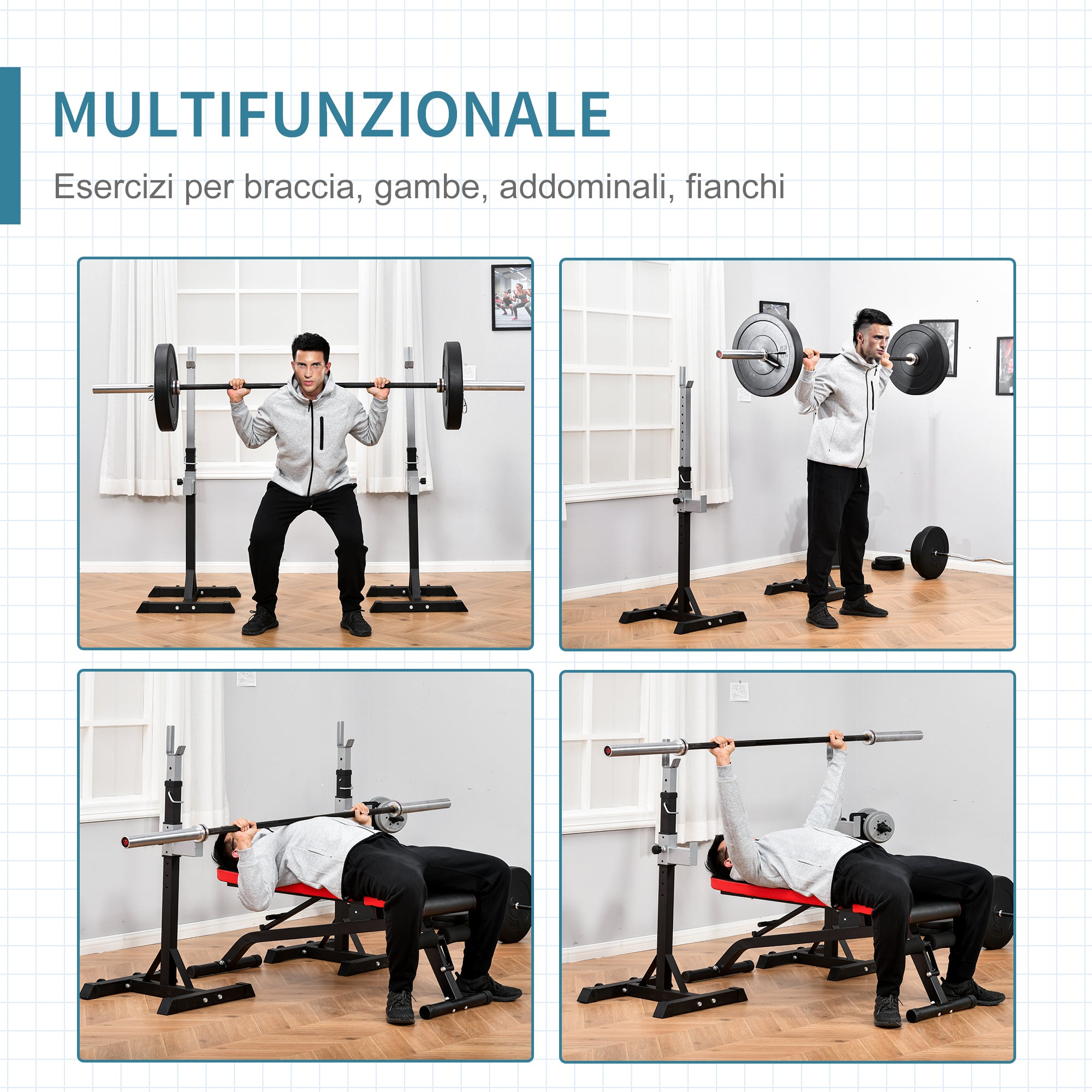 Set of 2 Steel Barbell Racks, 2 Hooks with Adjustable Height, 150kg Capacity, 55x57x105-170cm, Black