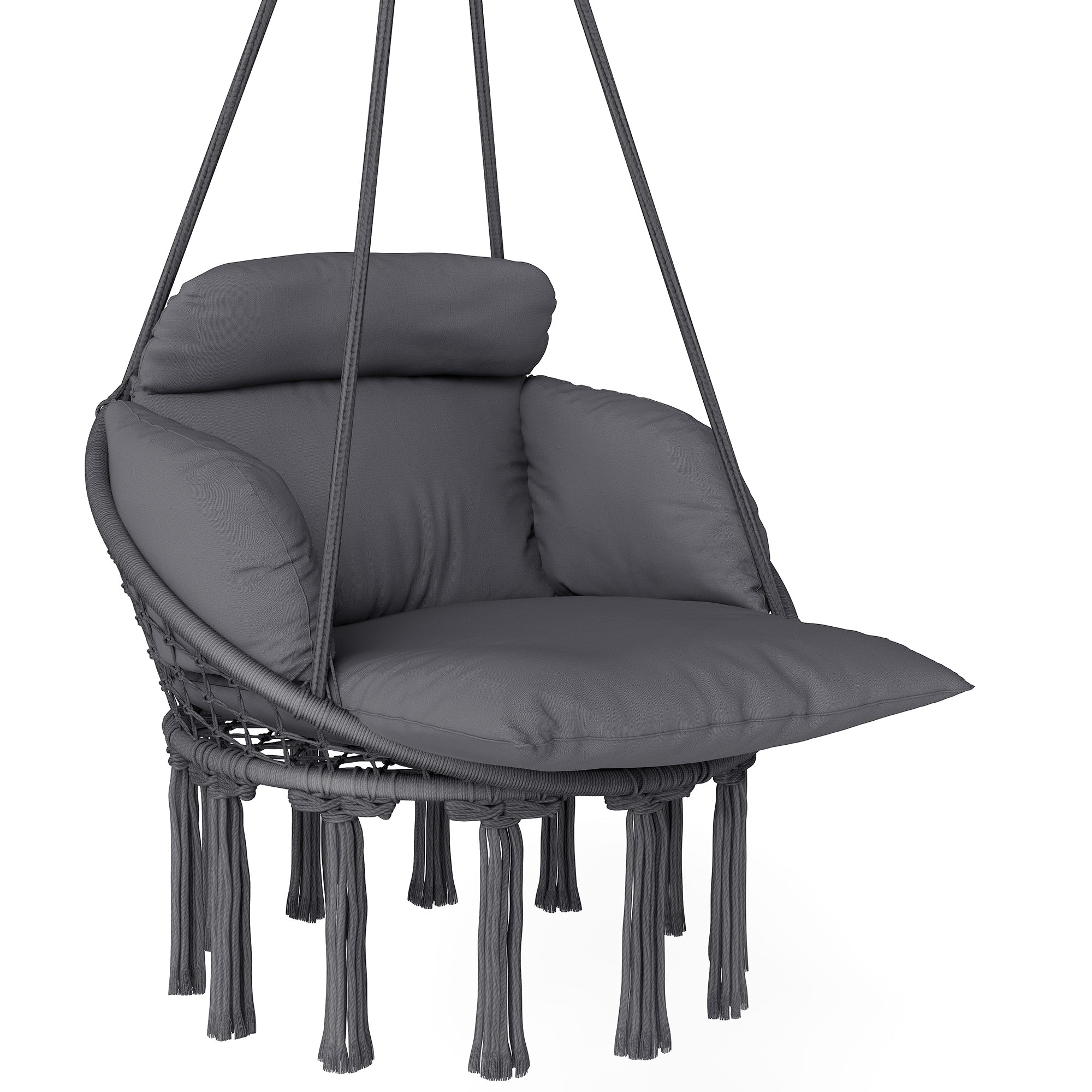 Hanging Chair with Large Padded Cushion, Fringed Swing Chair with Suspension Kit, Steel Frame, Tight Weave, Dark Gray