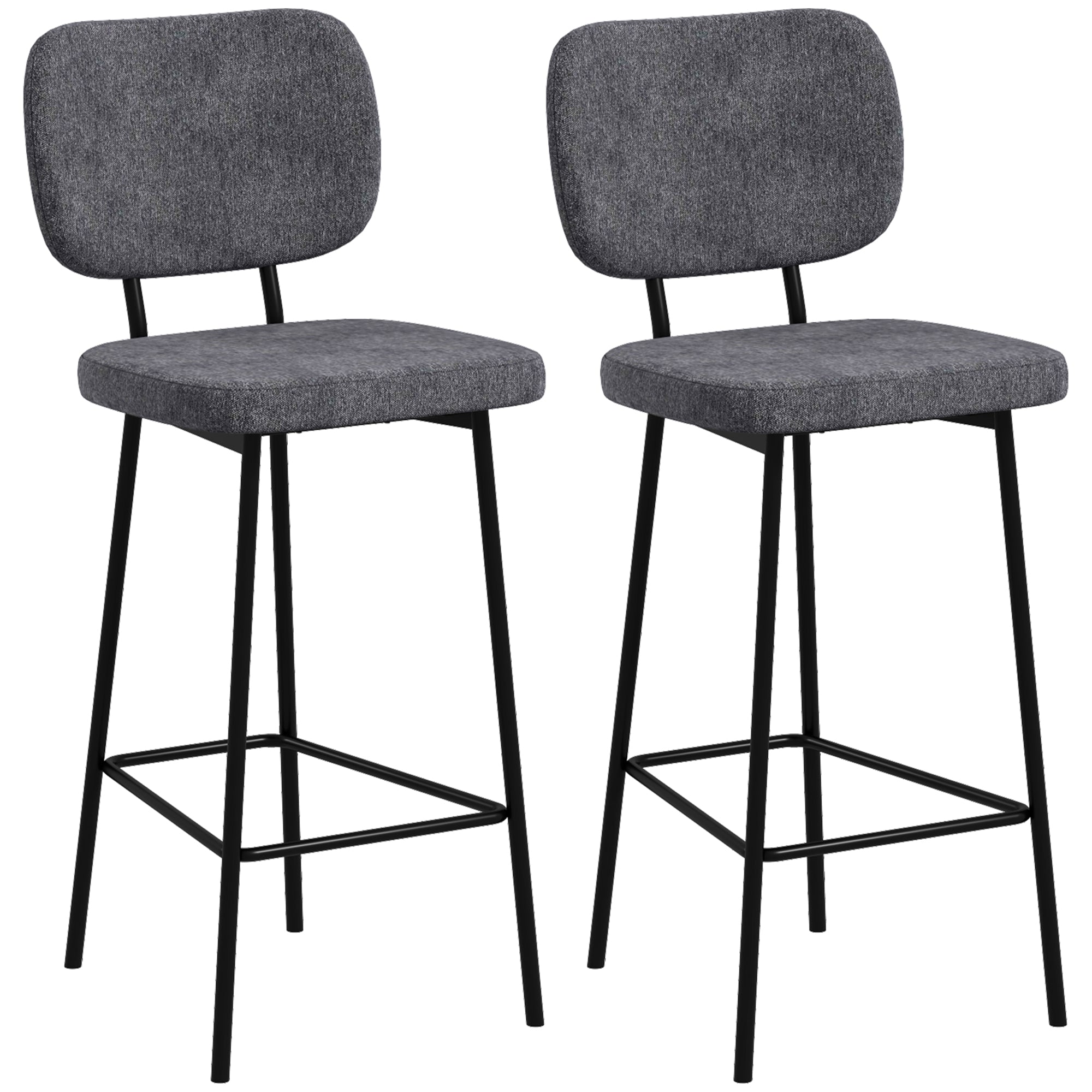 Set of 2 bar stools high chairs kitchen chairs with footrest and linen fabric backrest and steel dim. 41L x 46W x 90H cm gray
