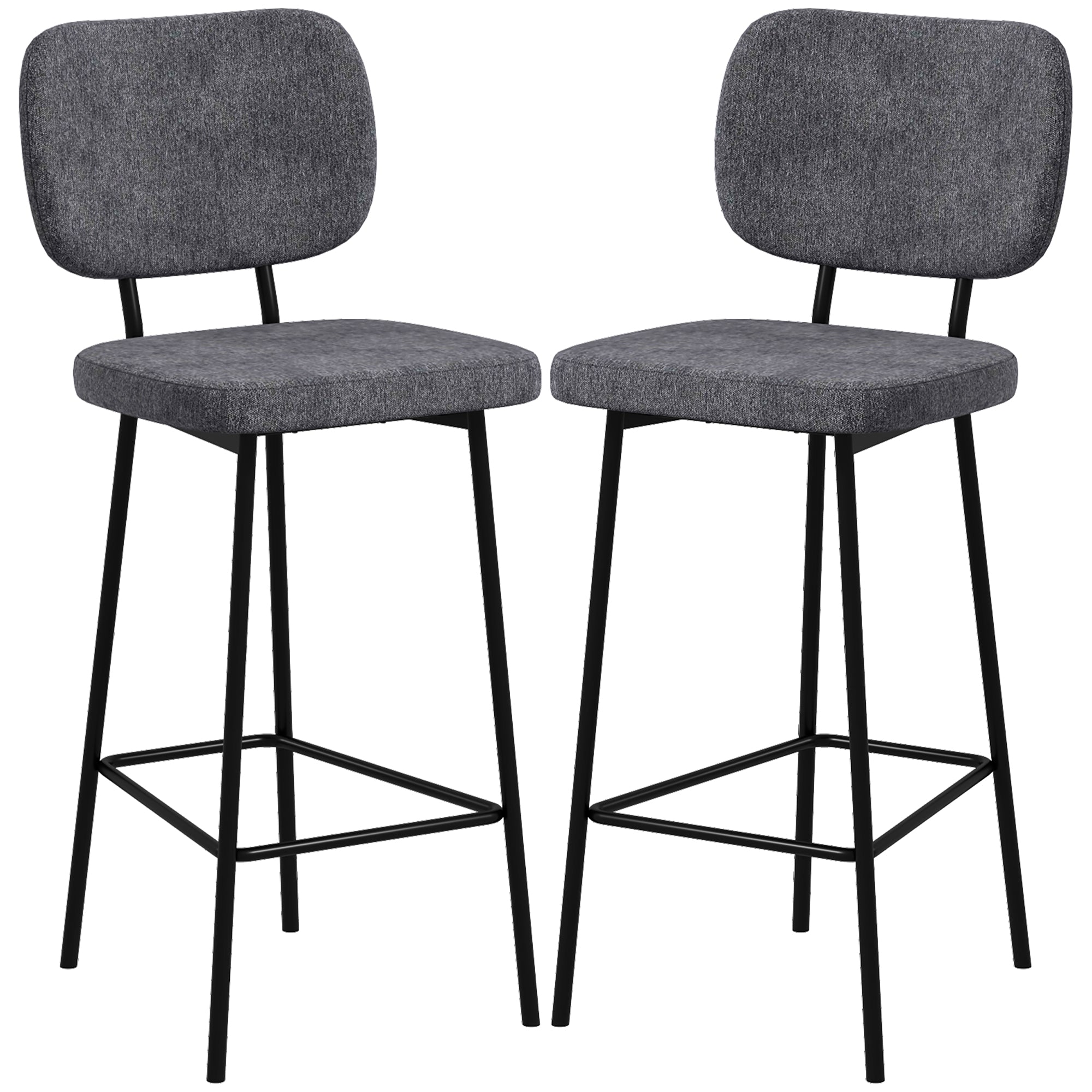 Set of 2 bar stools high chairs kitchen chairs with footrest and linen fabric backrest and steel dim. 41L x 46W x 90H cm gray