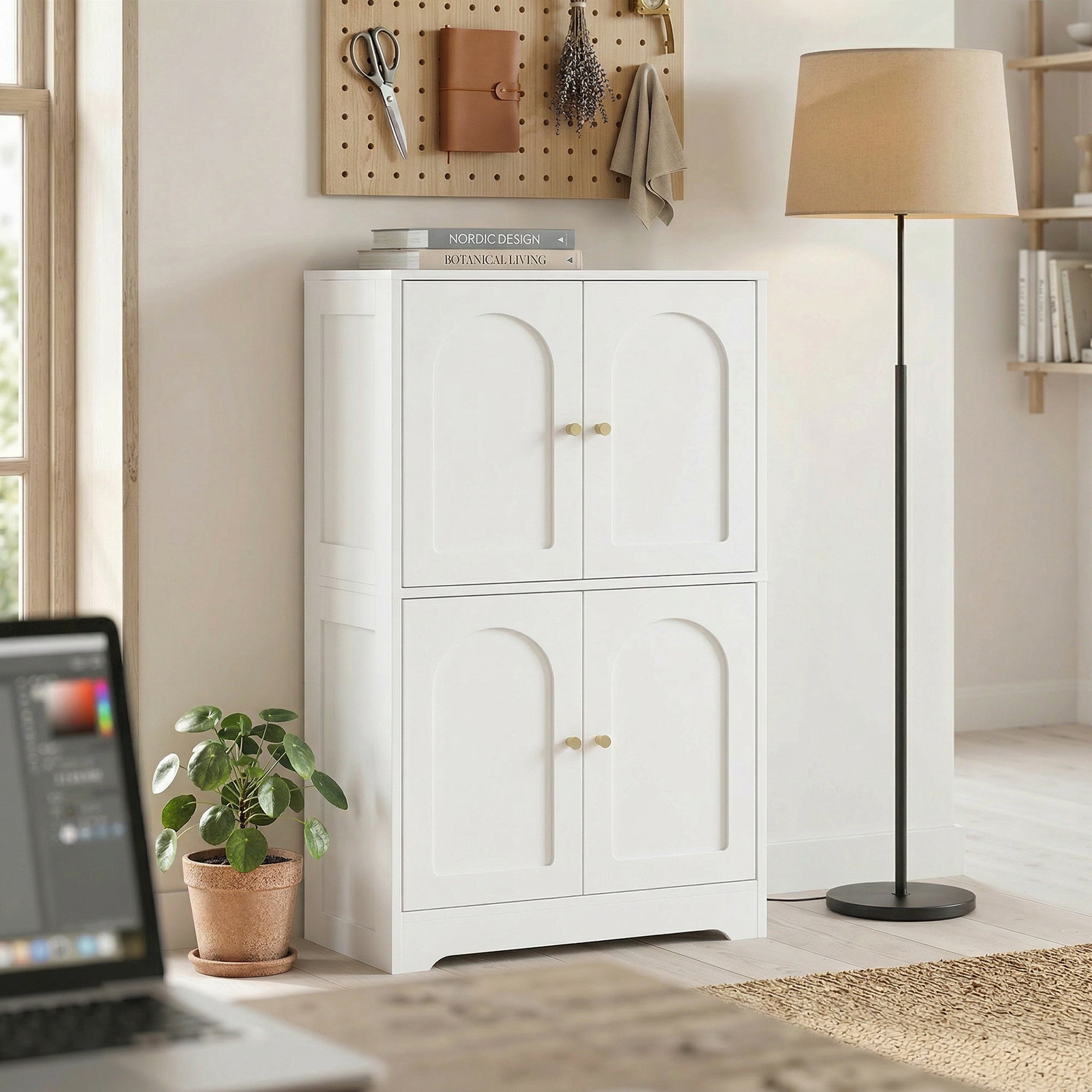 Kitchen Cabinet, Tall Cupboard with 2 Adjustable Shelves, 4 Arched Doors, White — 23.6 in x 11.8 in x 43.3 in (60 x 30 x 110 cm)