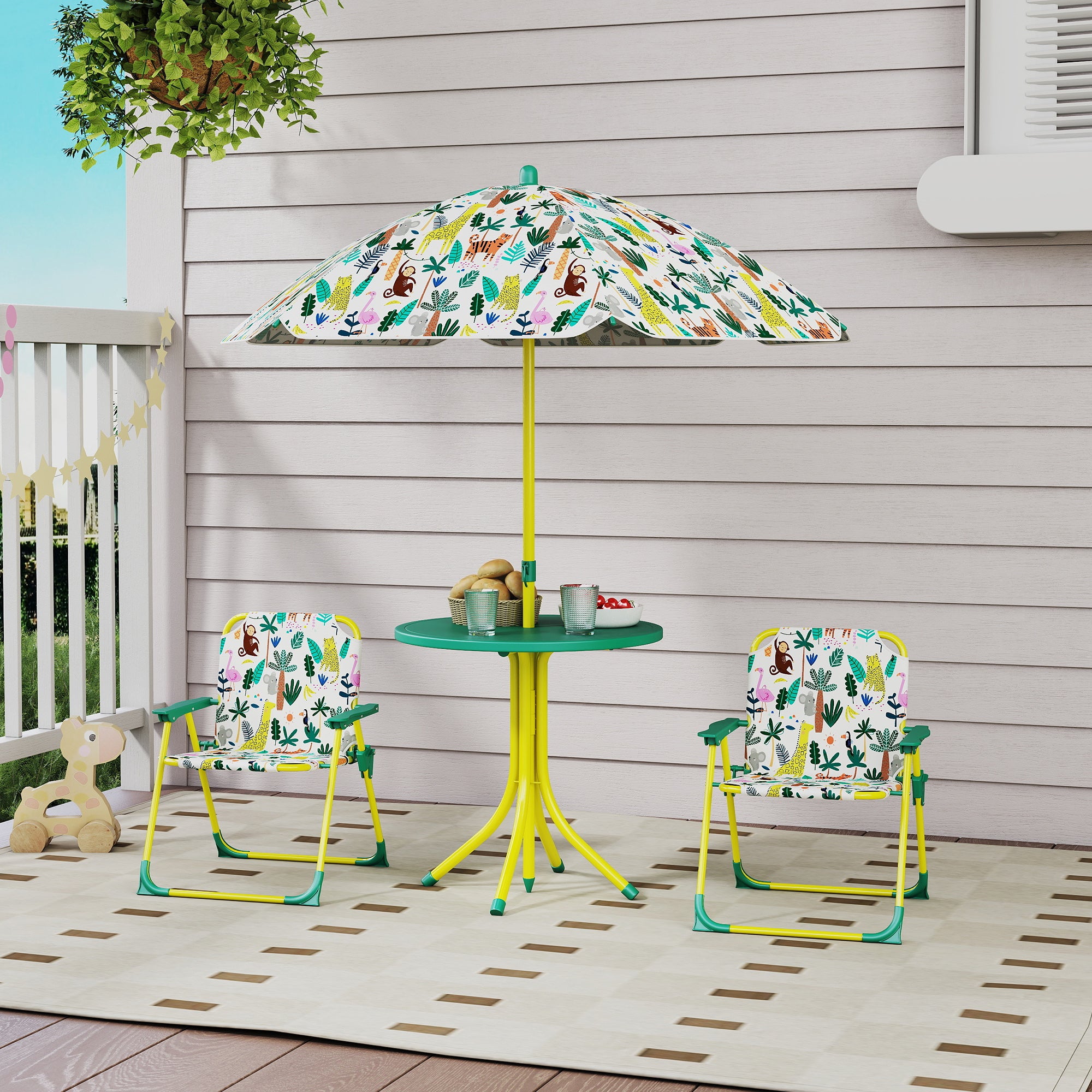 4-Piece Children's Garden Table & Chairs — Folding Kids Table with Detachable Umbrella, Jungle Design, Green
