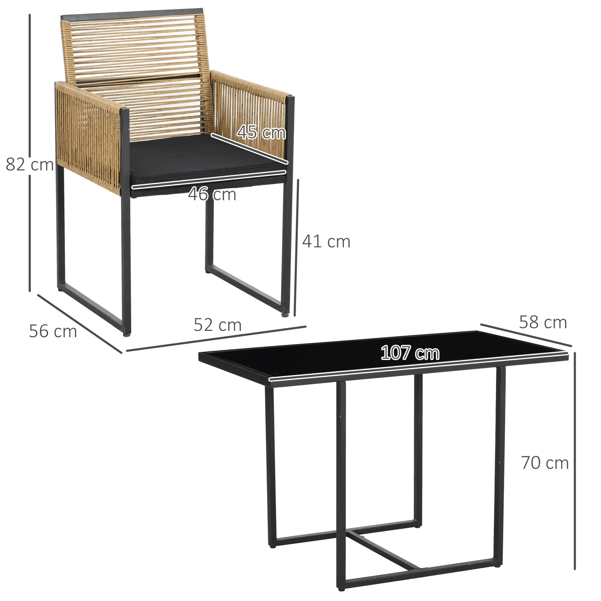 3-Piece Garden Furniture Set with Folding Backrest Chairs and Glass Table Nested Design for Terrace Patio Natural and Black