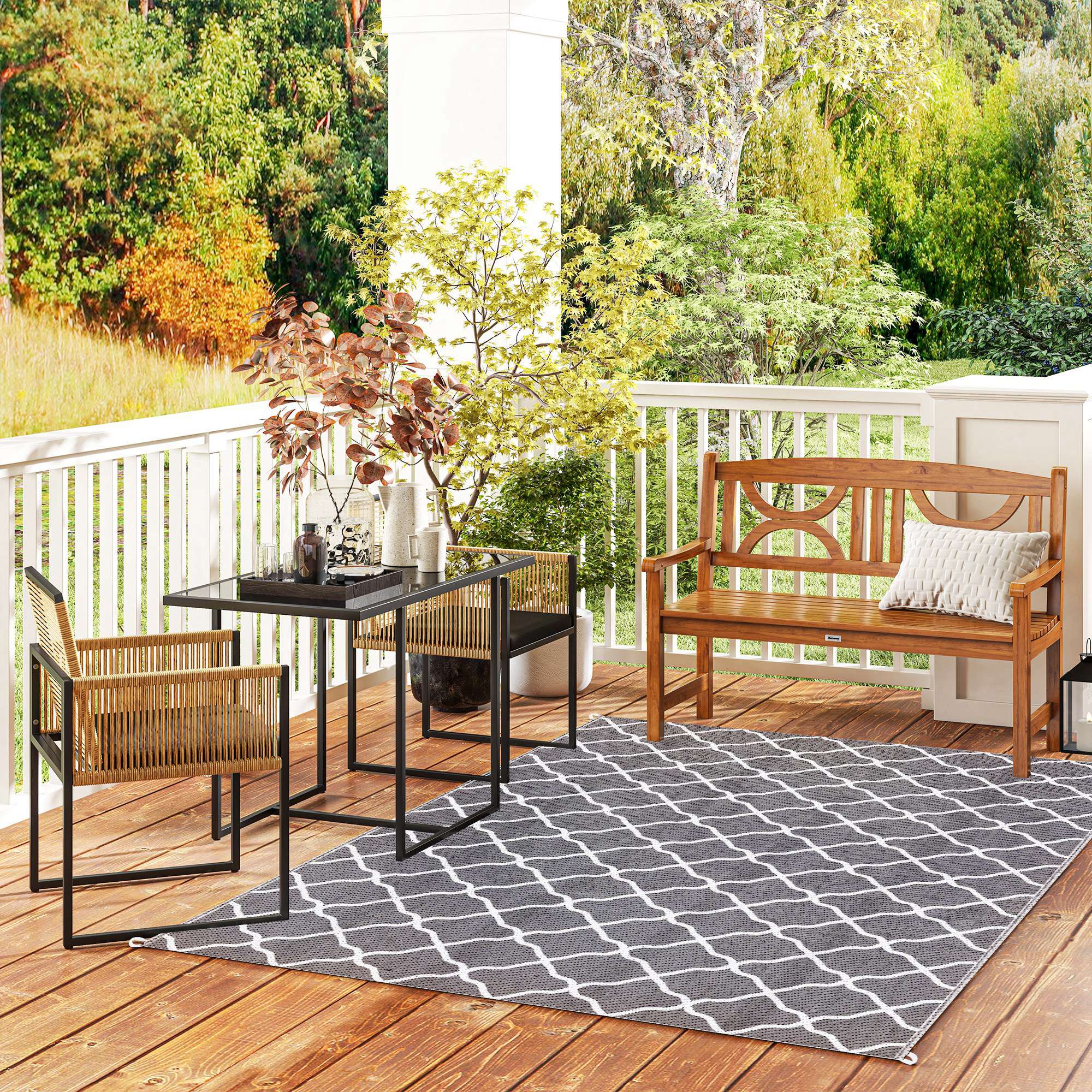 3-Piece Garden Furniture Set with Folding Backrest Chairs and Glass Table Nested Design for Terrace Patio Natural and Black