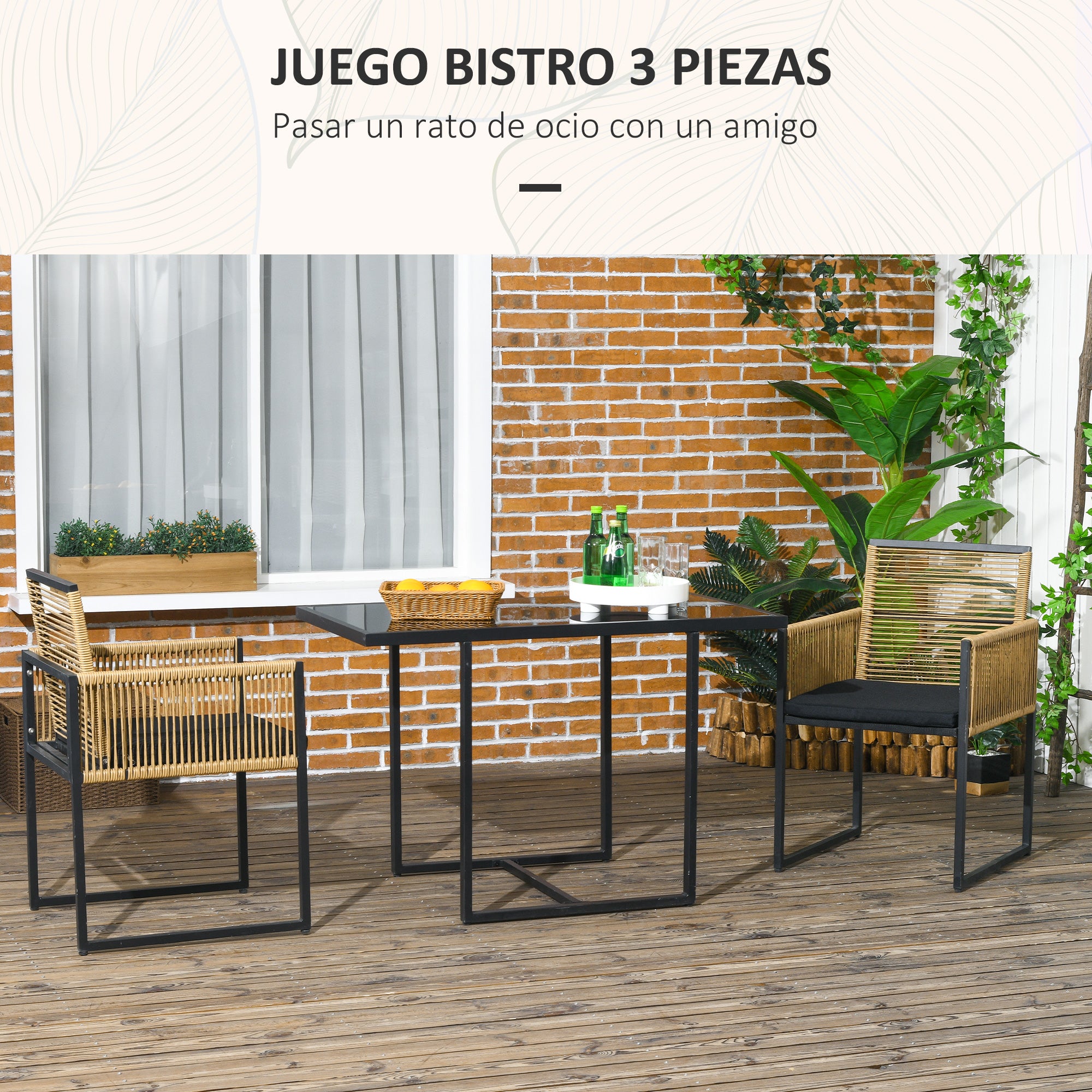3-Piece Garden Furniture Set with Folding Backrest Chairs and Glass Table Nested Design for Terrace Patio Natural and Black