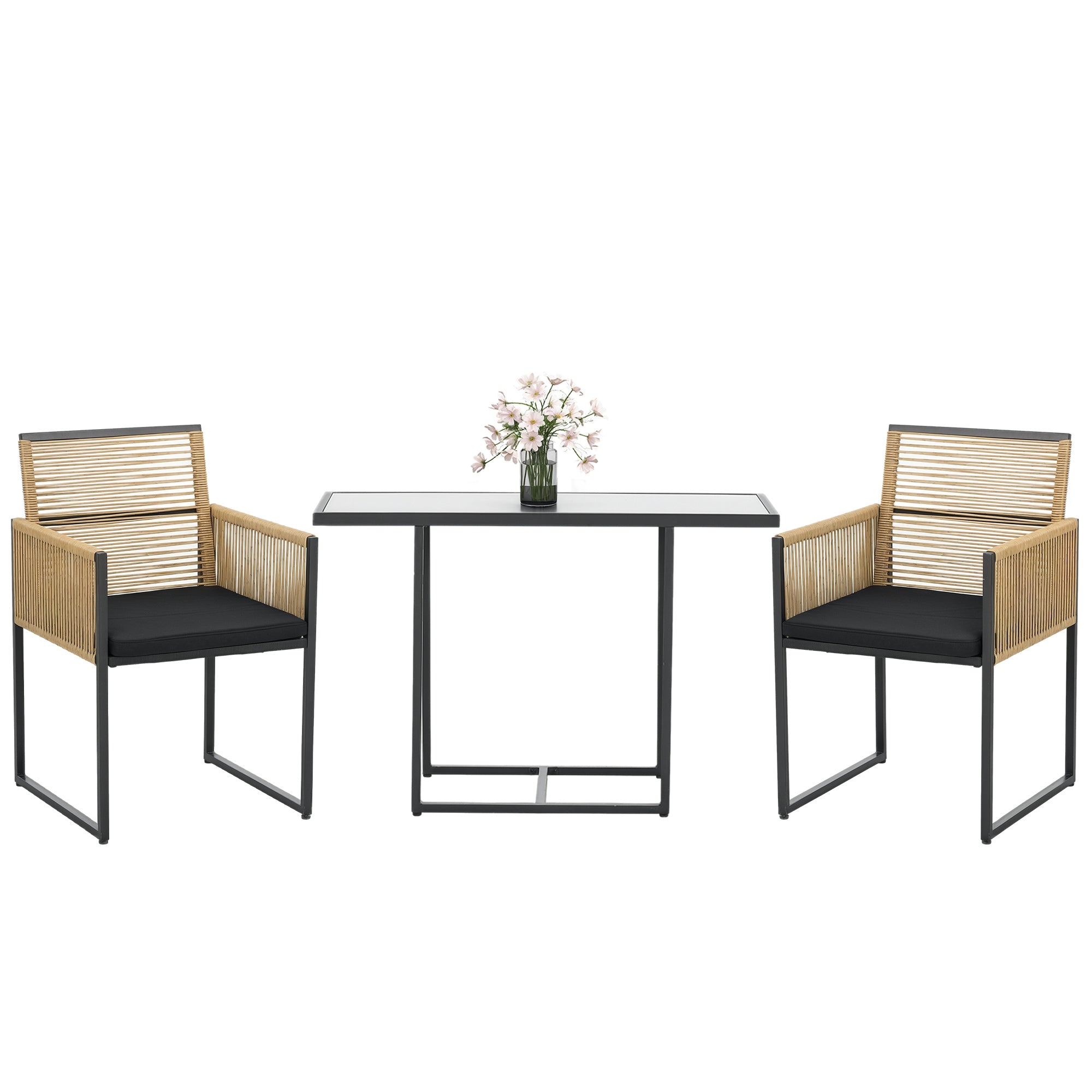 3-Piece Garden Furniture Set with Folding Backrest Chairs and Glass Table Nested Design for Terrace Patio Natural and Black