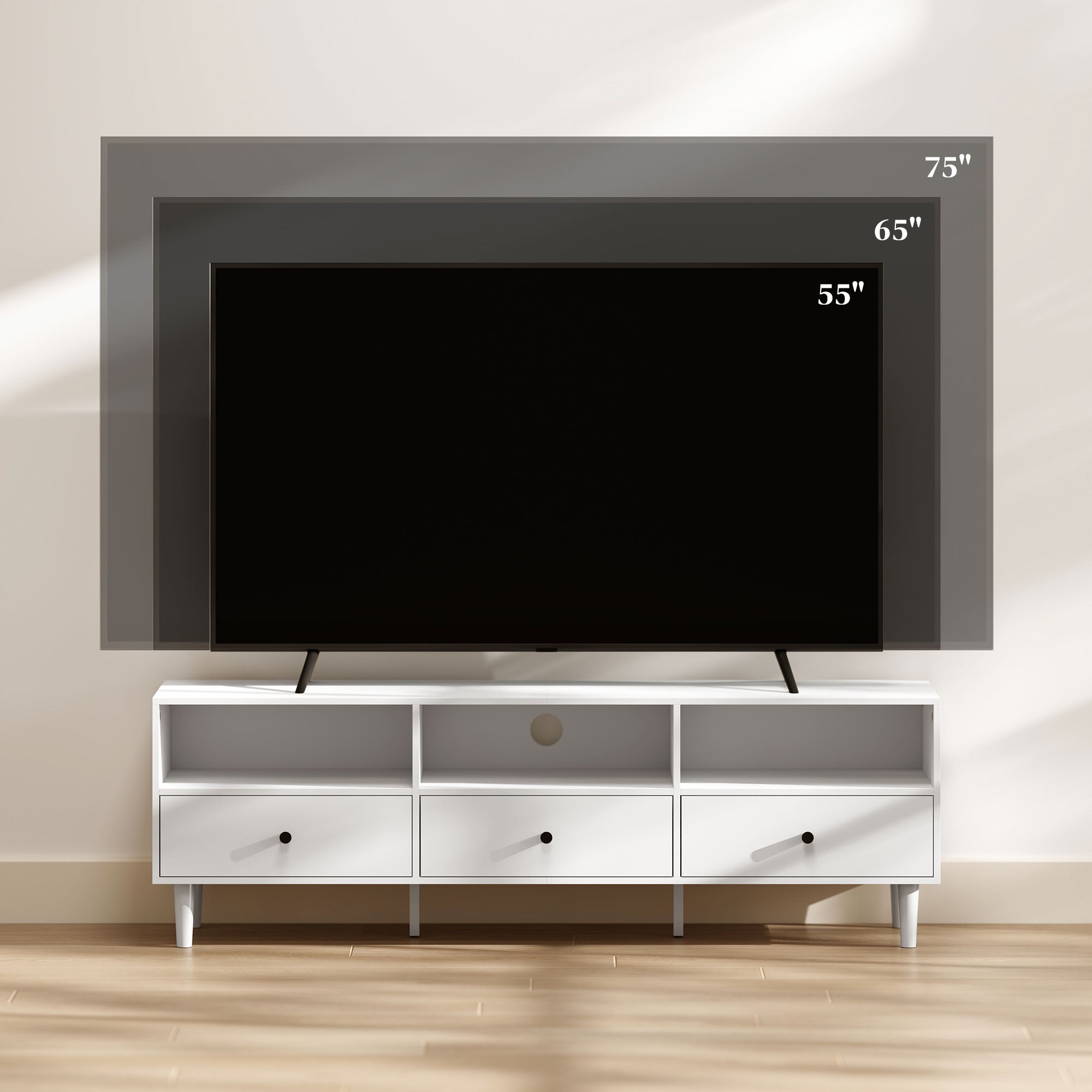 TV Cabinet TV Stand with Drawers, 3 Open Compartments 140 cm long TV Console with Cable Management for TV up to 75 inches TV Table for Living Room White 140x34x45cm