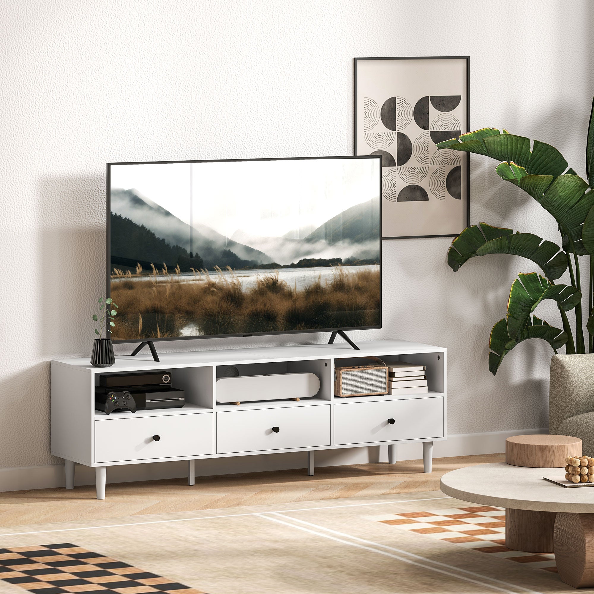 TV Cabinet TV Stand with Drawers, 3 Open Compartments 140 cm long TV Console with Cable Management for TV up to 75 inches TV Table for Living Room White 140x34x45cm