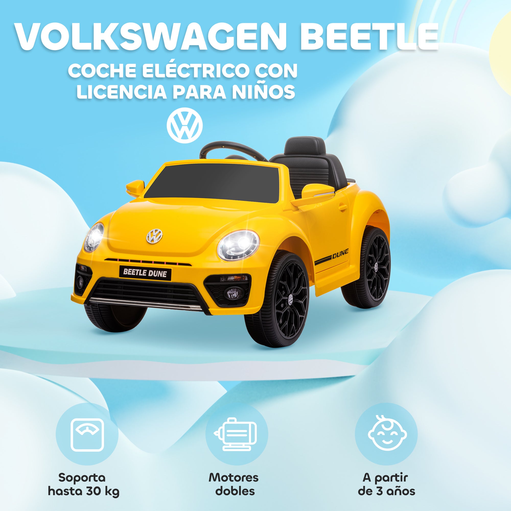 Electric Car for Children 3+ Years Volkswagen Beetle Kids Car with 12V Battery Remote Control Headlights Horn and Music Yellow