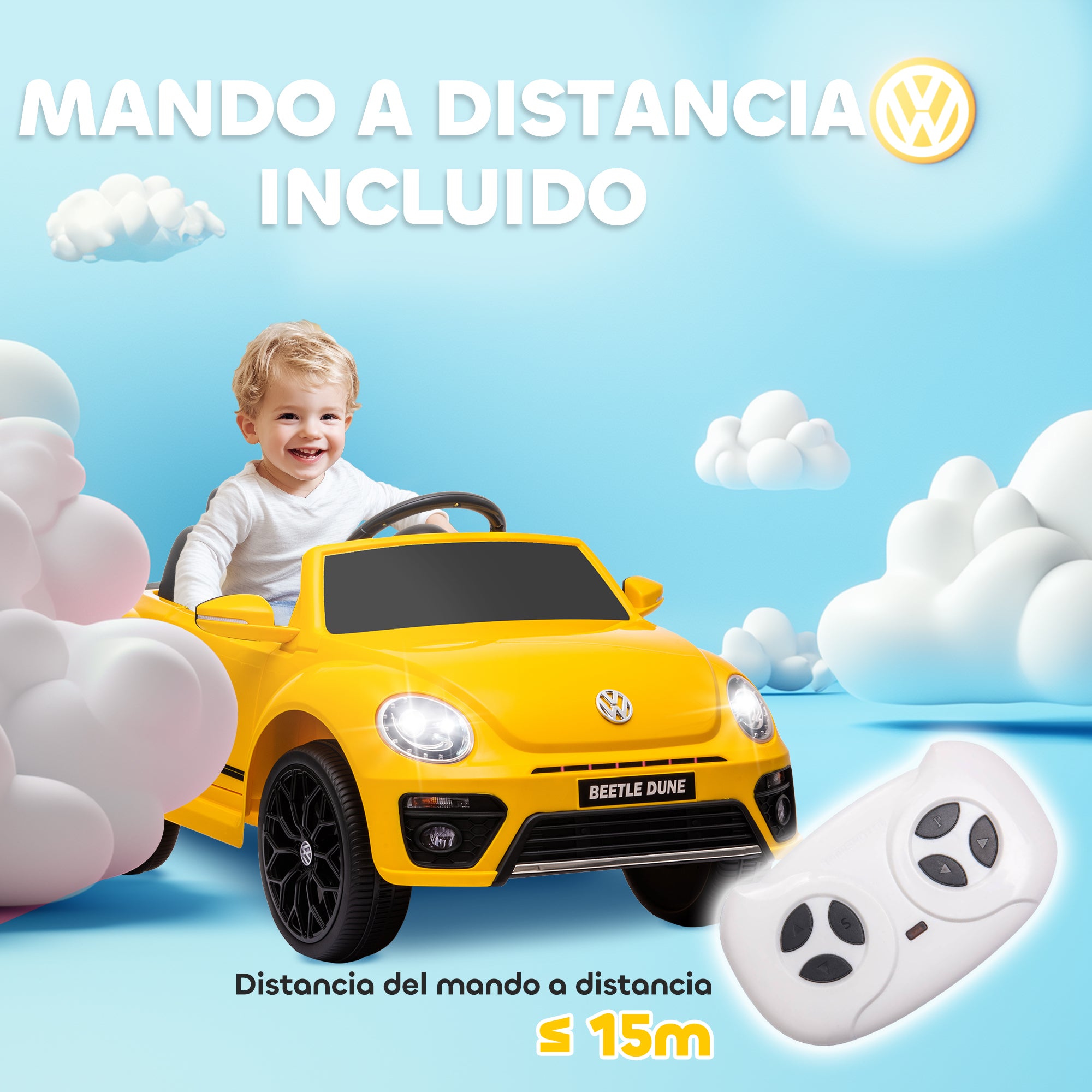 Electric Car for Children 3+ Years Volkswagen Beetle Kids Car with 12V Battery Remote Control Headlights Horn and Music Yellow