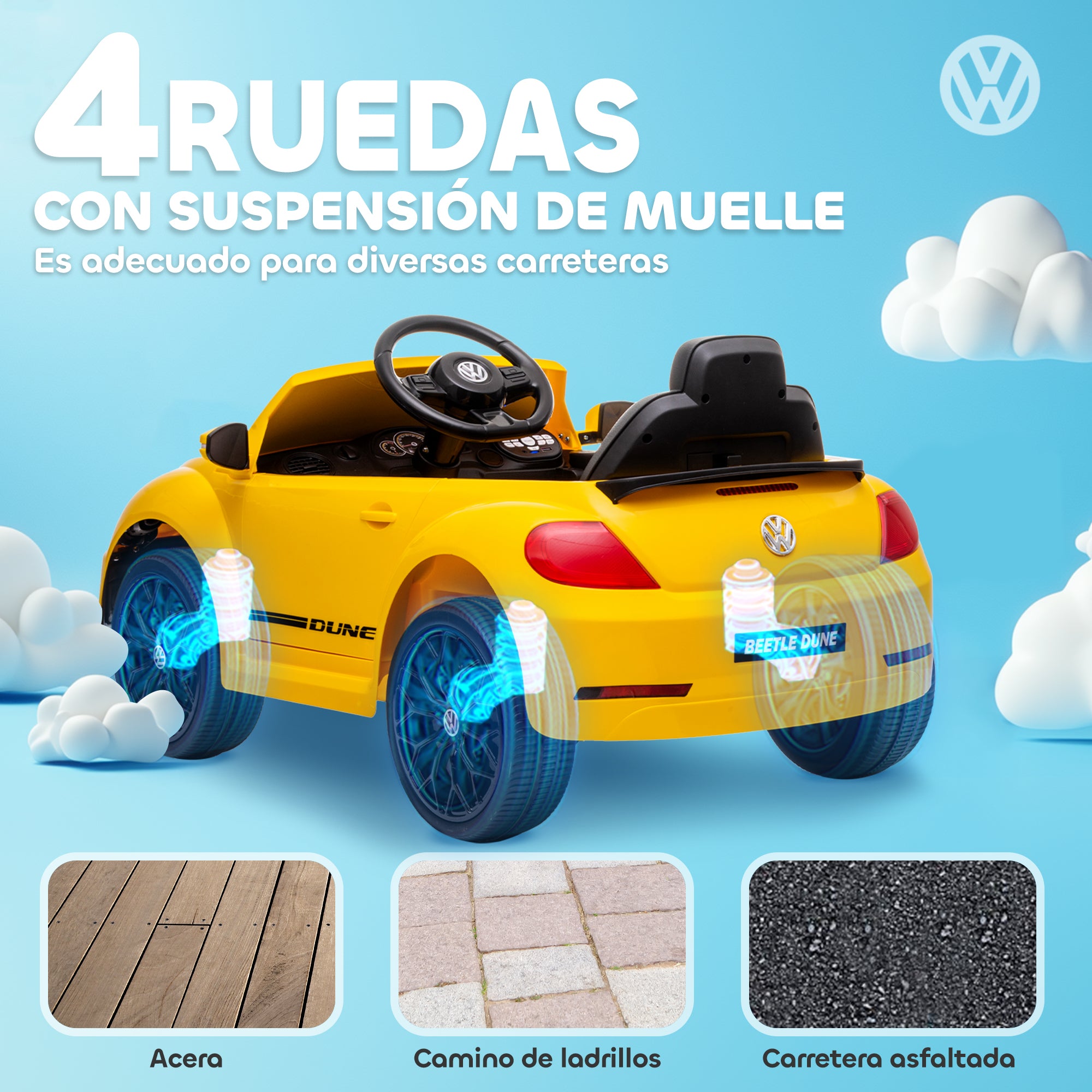 Electric Car for Children 3+ Years Volkswagen Beetle Kids Car with 12V Battery Remote Control Headlights Horn and Music Yellow