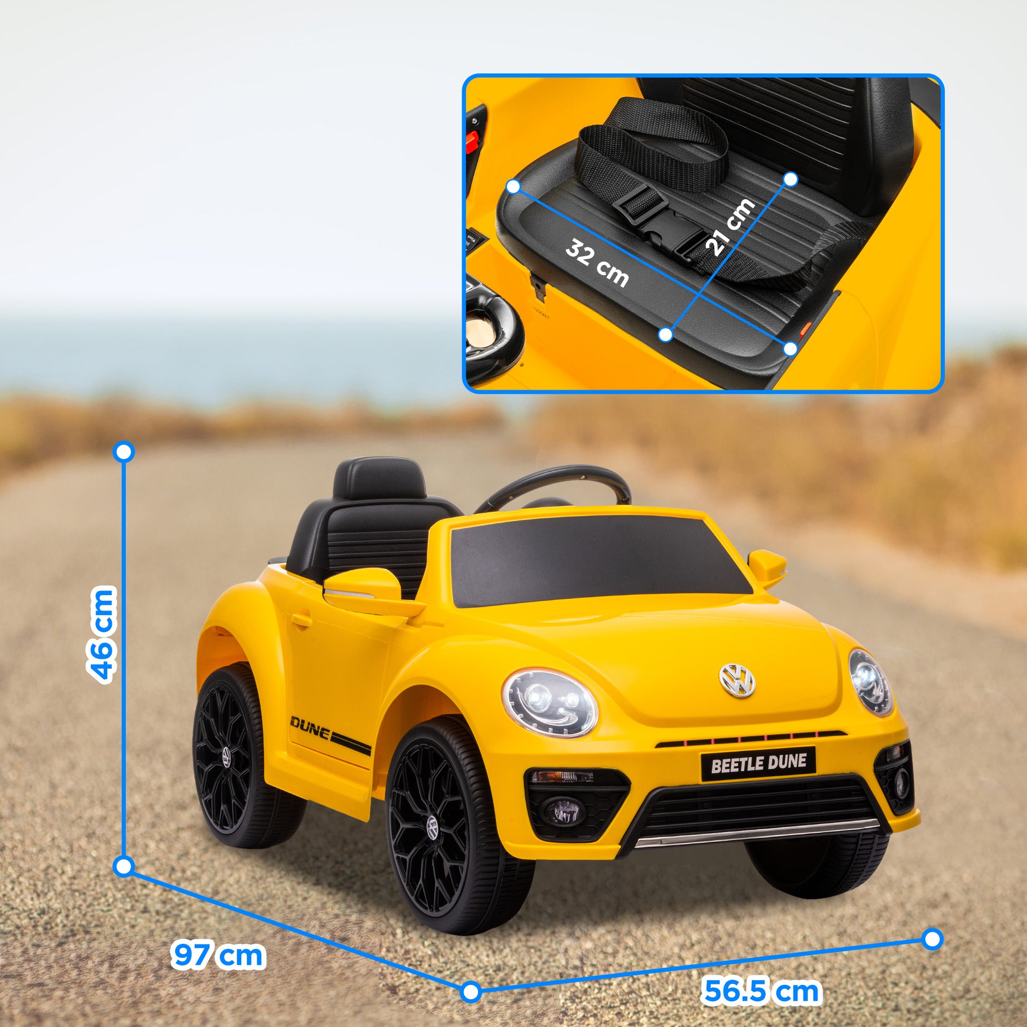 Electric Car for Children 3+ Years Volkswagen Beetle Kids Car with 12V Battery Remote Control Headlights Horn and Music Yellow