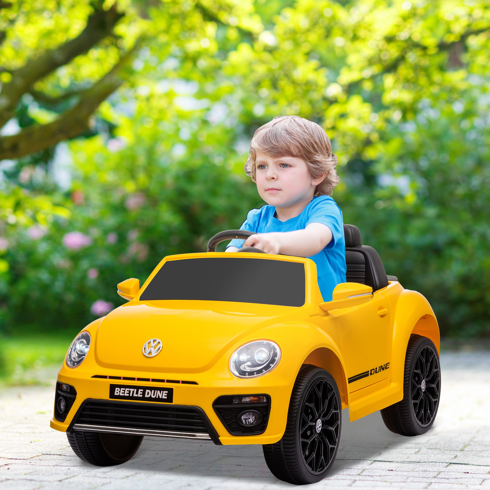 Electric Car for Children 3+ Years Volkswagen Beetle Kids Car with 12V Battery Remote Control Headlights Horn and Music Yellow