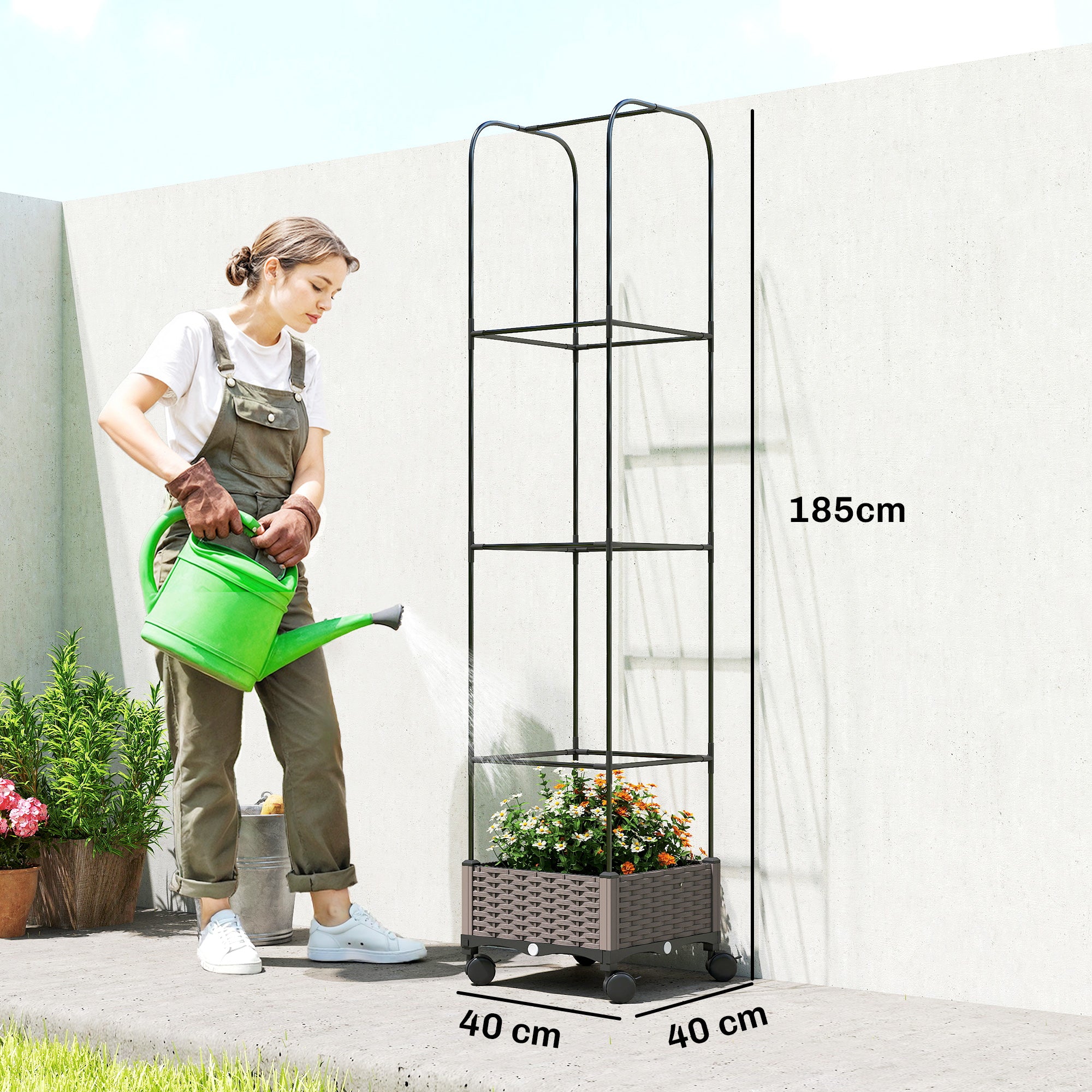Raised Planter with Trellis, Mobile Planter on Wheels with Drain Hole, Plastic Trough for Climbing Plants, 15.7 x 15.7 x 72.8 in