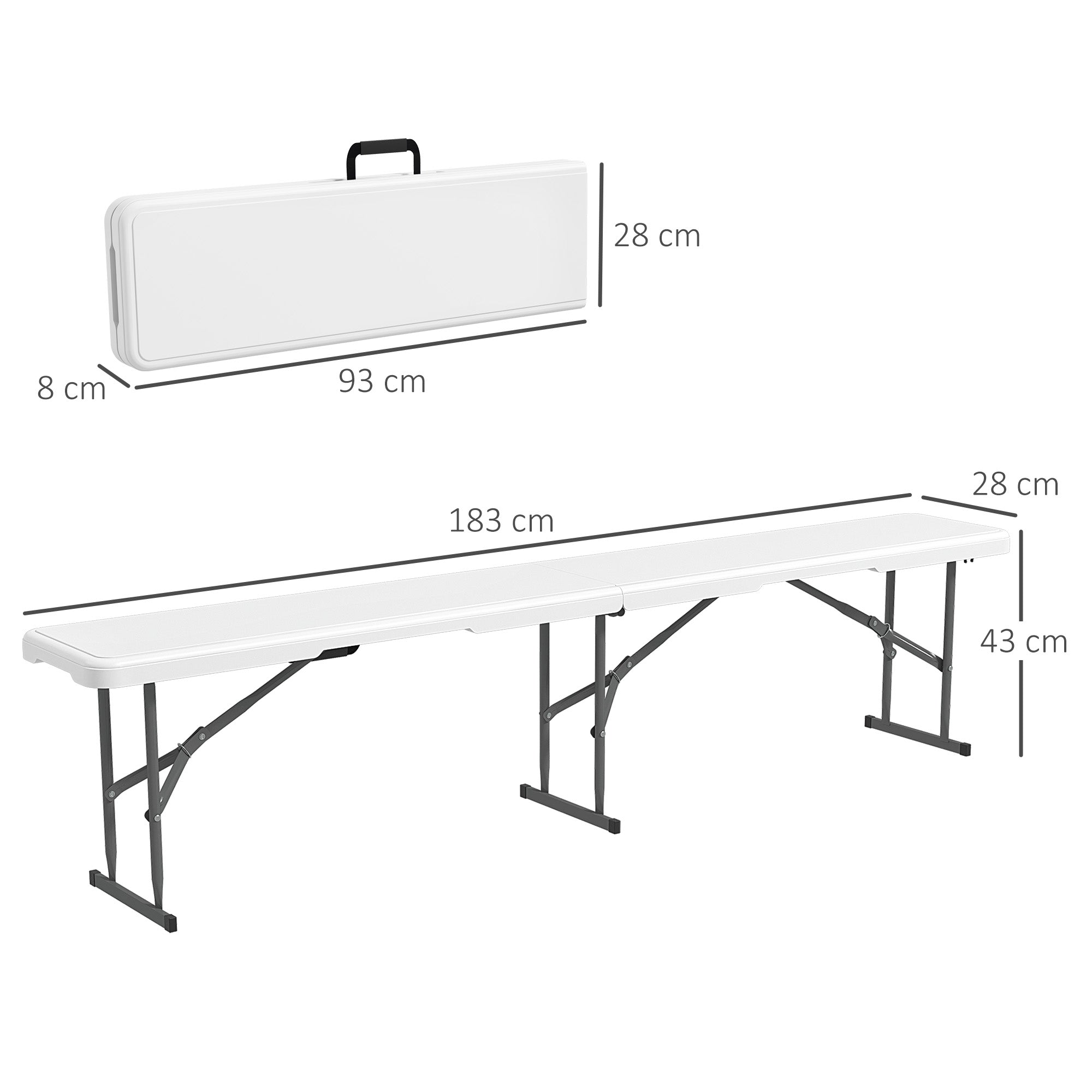 Folding Garden Bench 3-Seater Outdoor Bench with Steel Frame Load 360 kg for Patio Terrace Balcony Camping 183x28x43 cm White
