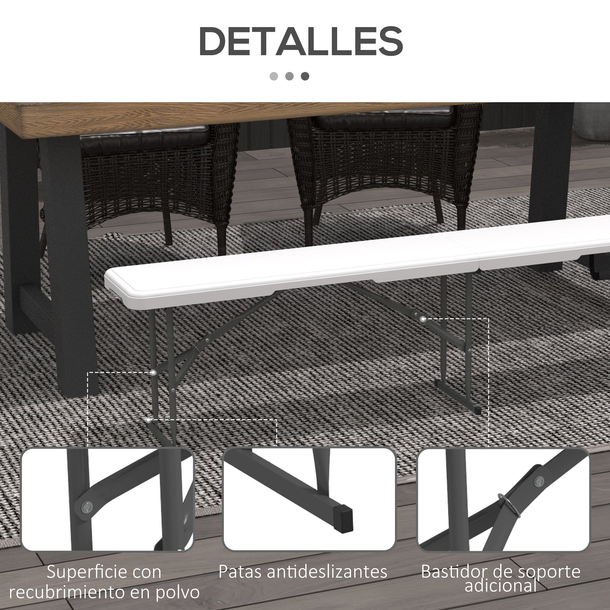 Folding Garden Bench 3-Seater Outdoor Bench with Steel Frame Load 360 kg for Patio Terrace Balcony Camping 183x28x43 cm White