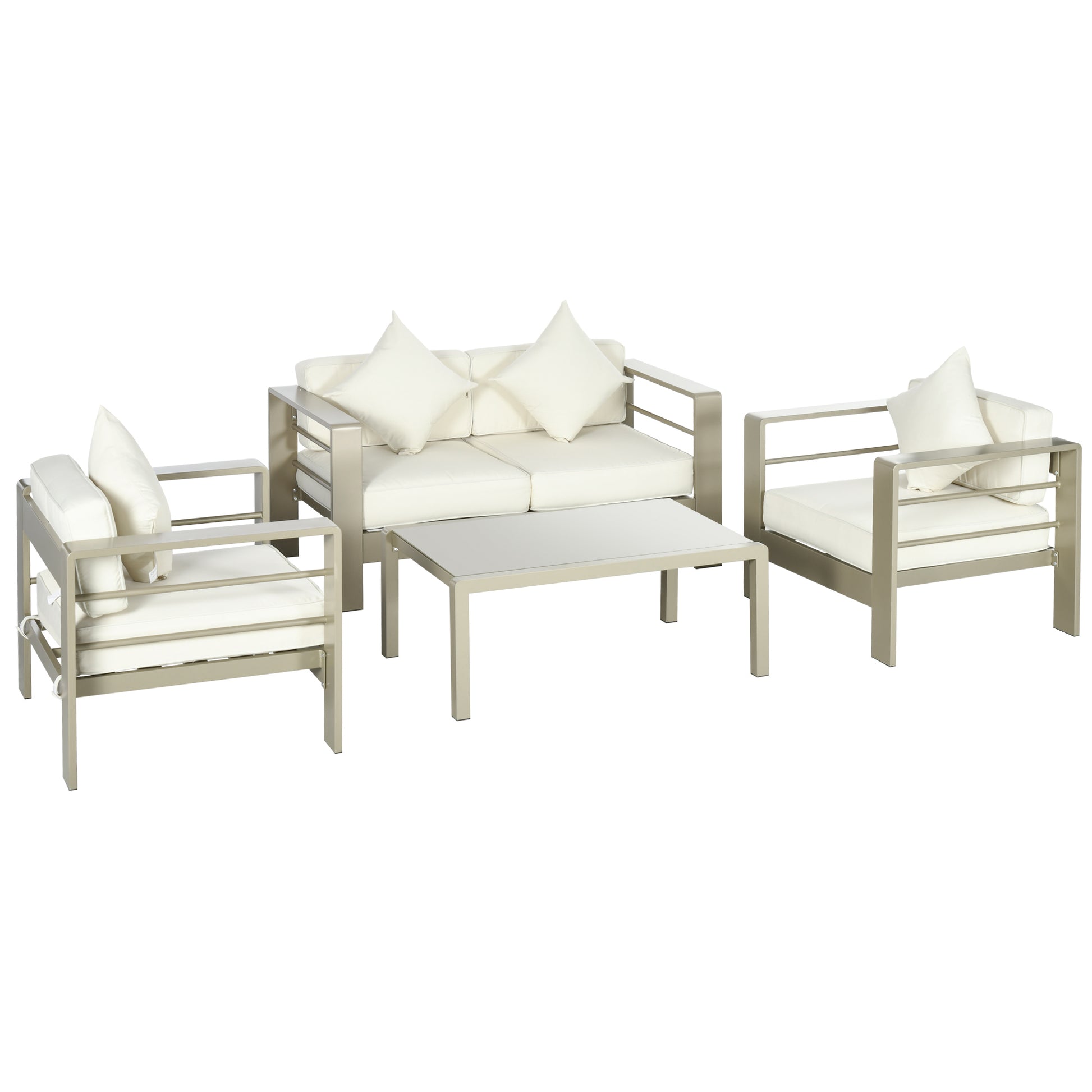 4 Piece Garden Lounge Set with Loveseat, 2 Armchairs, and Glass Top Coffee Table, Removable Padded Cushions, Gold