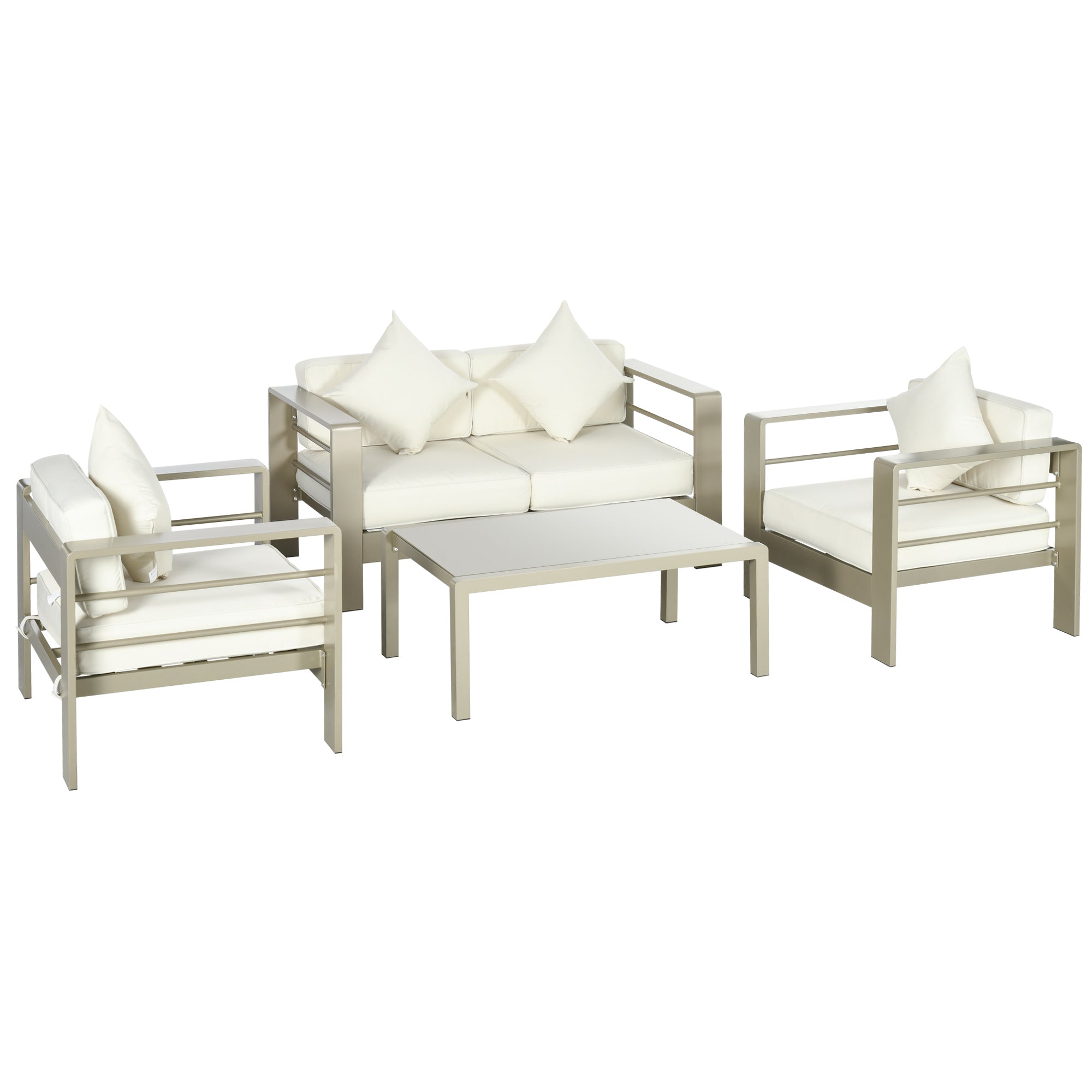 4 Piece Garden Lounge Set with Loveseat, 2 Armchairs, and Glass Top Coffee Table, Removable Padded Cushions, Gold