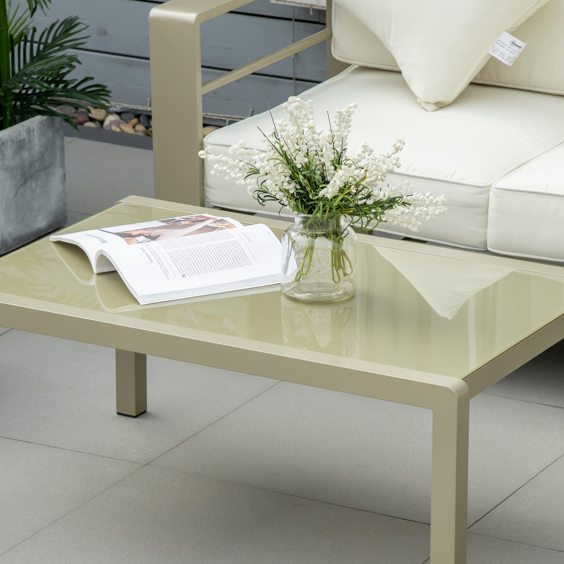 4 Piece Garden Lounge Set with Loveseat, 2 Armchairs, and Glass Top Coffee Table, Removable Padded Cushions, Gold