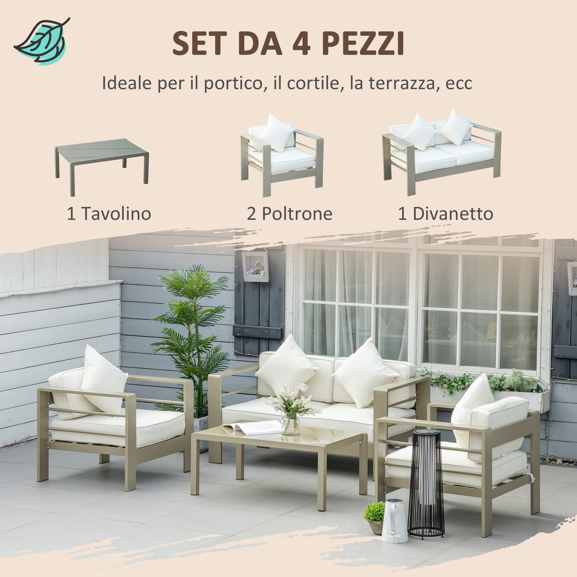4 Piece Garden Lounge Set with Loveseat, 2 Armchairs, and Glass Top Coffee Table, Removable Padded Cushions, Gold