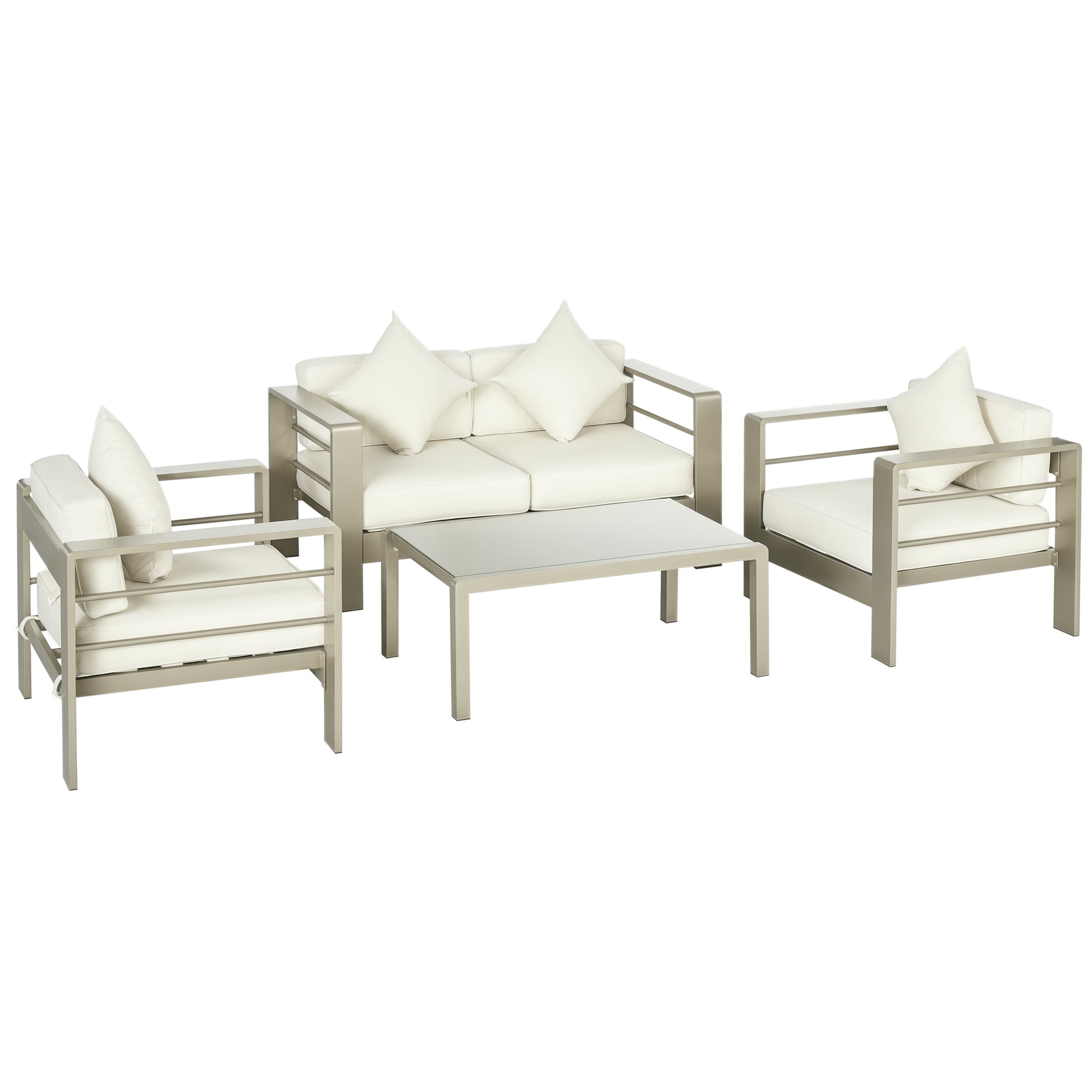 4 Piece Garden Lounge Set with Loveseat, 2 Armchairs, and Glass Top Coffee Table, Removable Padded Cushions, Gold