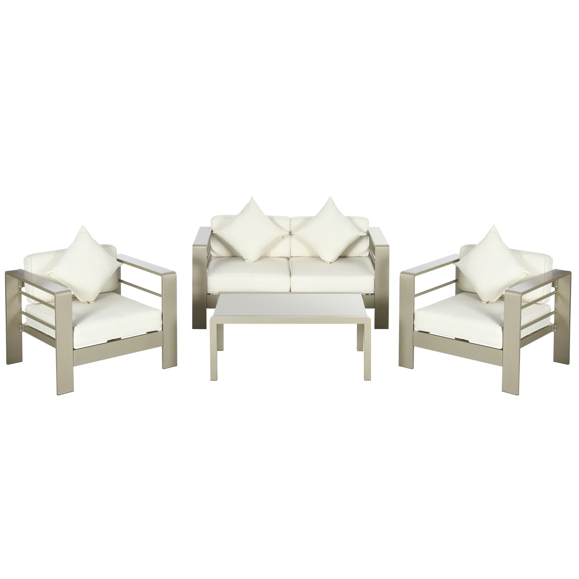 4 Piece Garden Lounge Set with Loveseat, 2 Armchairs, and Glass Top Coffee Table, Removable Padded Cushions, Gold