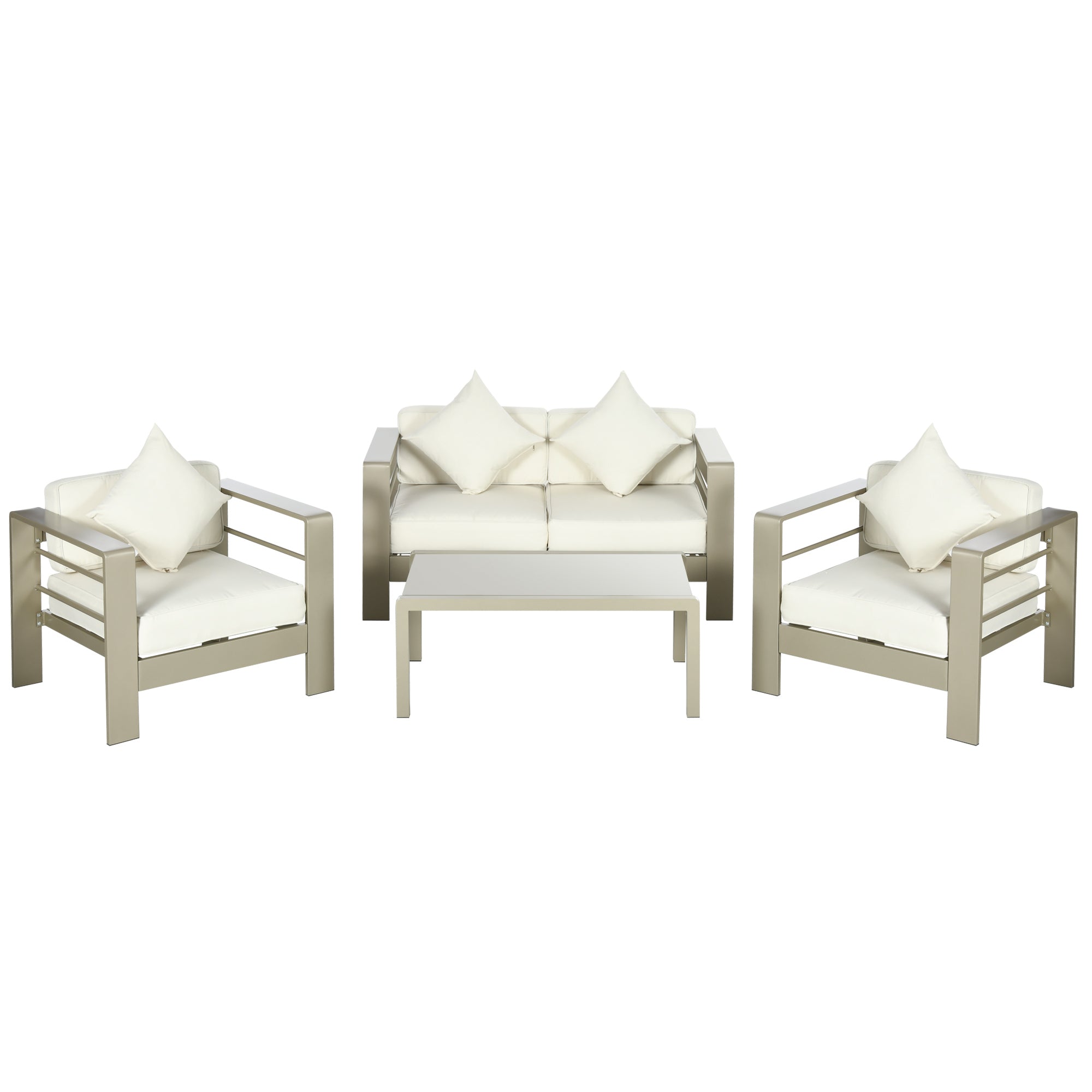 4 Piece Garden Lounge Set with Loveseat, 2 Armchairs, and Glass Top Coffee Table, Removable Padded Cushions, Gold