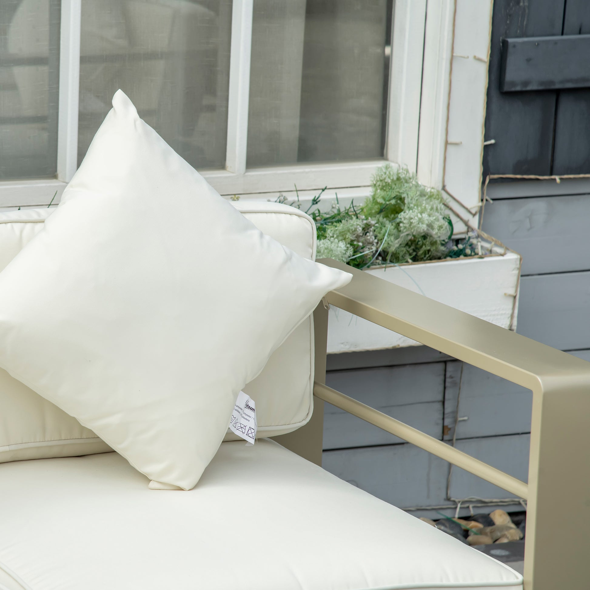 4 Piece Garden Lounge Set with Loveseat, 2 Armchairs, and Glass Top Coffee Table, Removable Padded Cushions, Gold