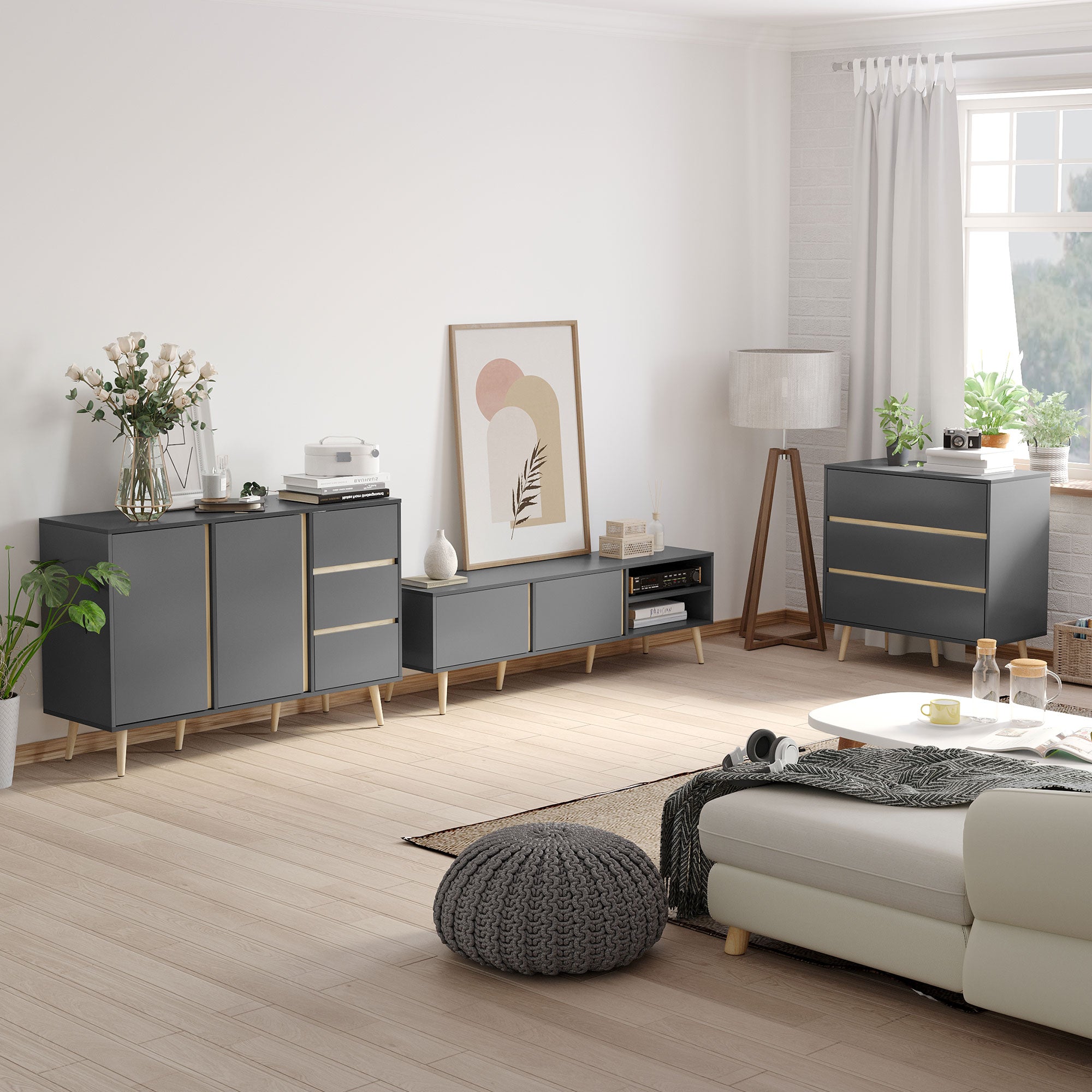 Low buffet storage cabinet on Scandinavian style feet - 2 doors 3 drawers - 120 x 40 x 80 cm - anthracite gray