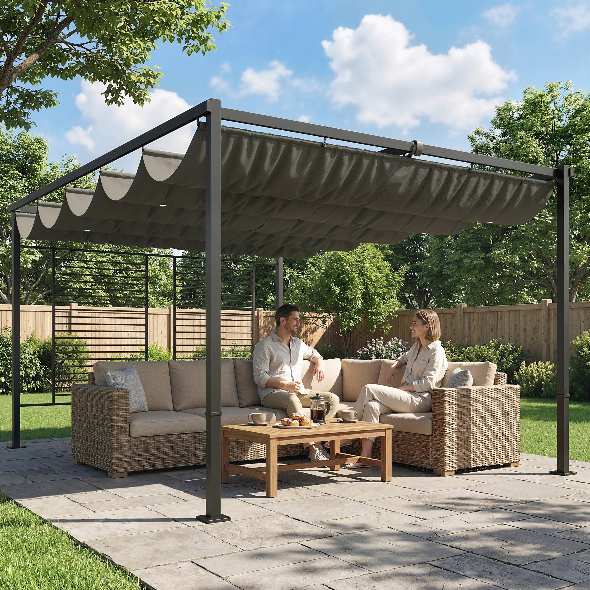 Pergola 3.87 x 2.97 m Patio Cover with Retractable Roof, 2 Privacy Panels, UV50+, Freestanding with Drainage Holes — Dark Gray