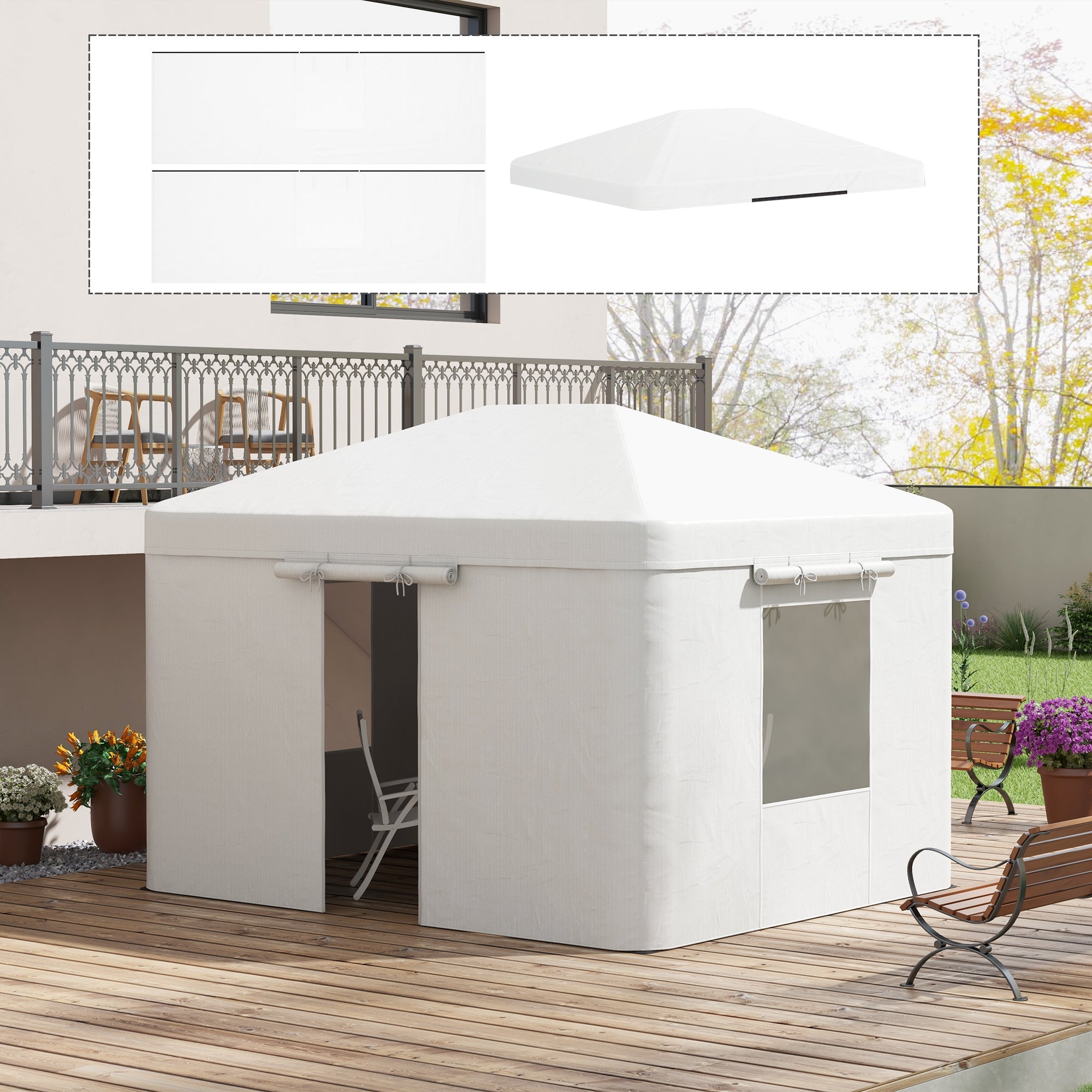 Replacement Roof Set for Garden Gazebo with 2 Side Walls, Waterproof Replacement Cover for Garden Pavilion, Garden Tent, White