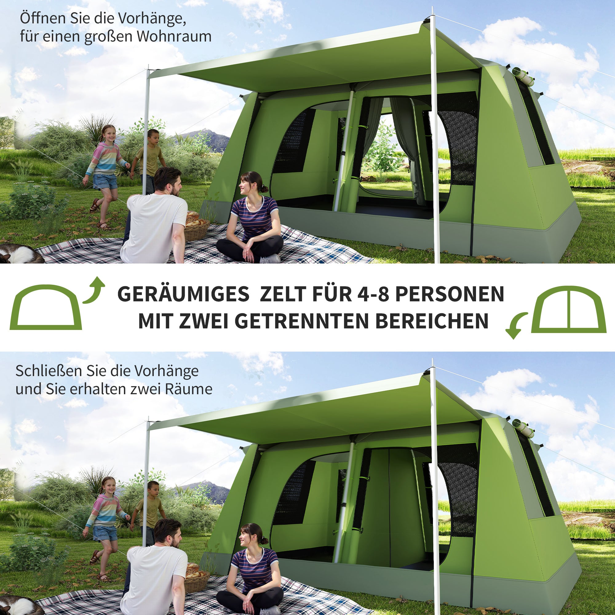 Camping Tent for 4-8 People Light, Stable Waterproof Tunnel Tent with Canopy, Windows, Hooks, Side Pocket, Family Tent with 2000mm Water Column Tent for Camping Travel Trekking