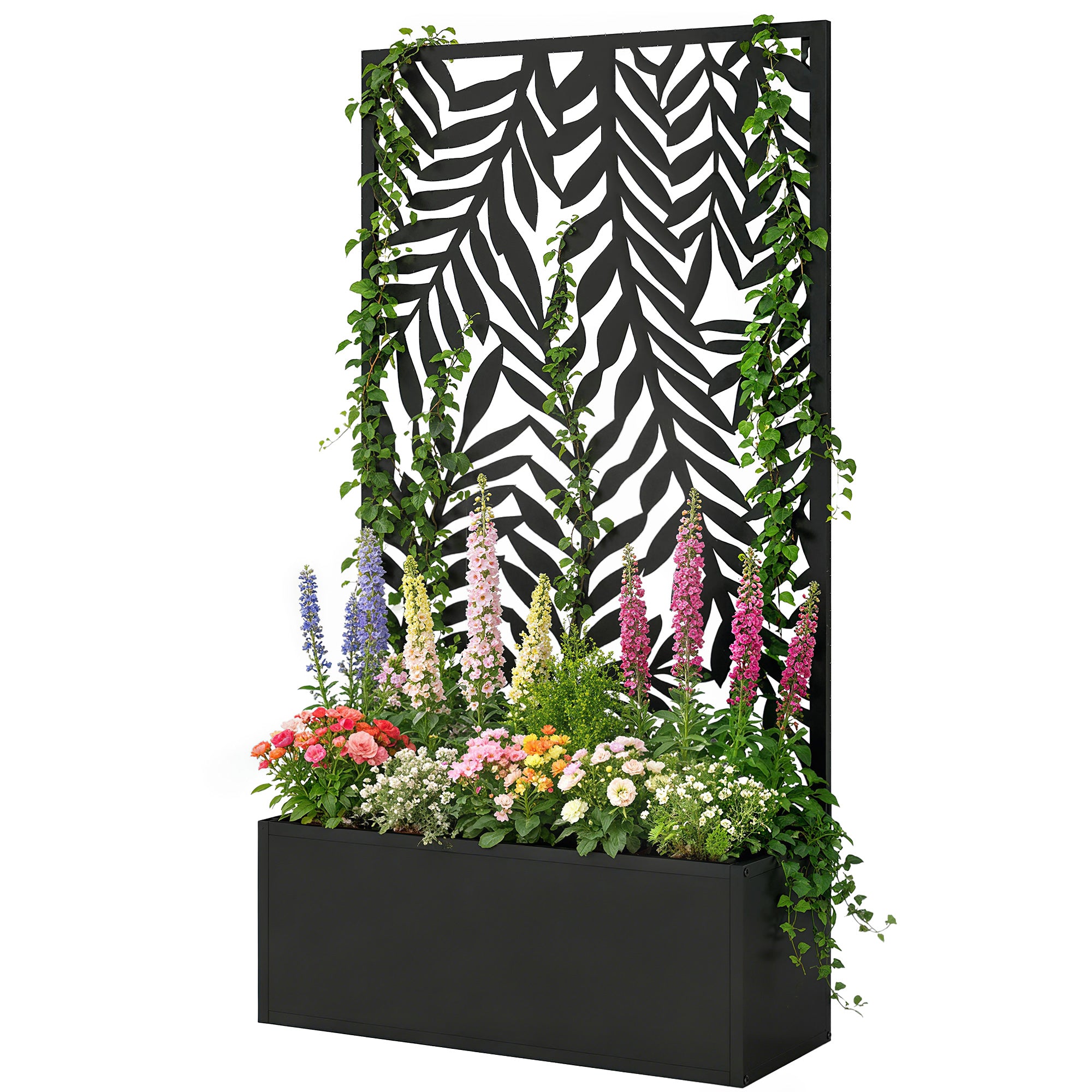 Metal Planter with Trellis and Tropical Leaf Privacy Panel, 61 x 23 x 113 cm (24 x 9.1 x 44.5 in), Black