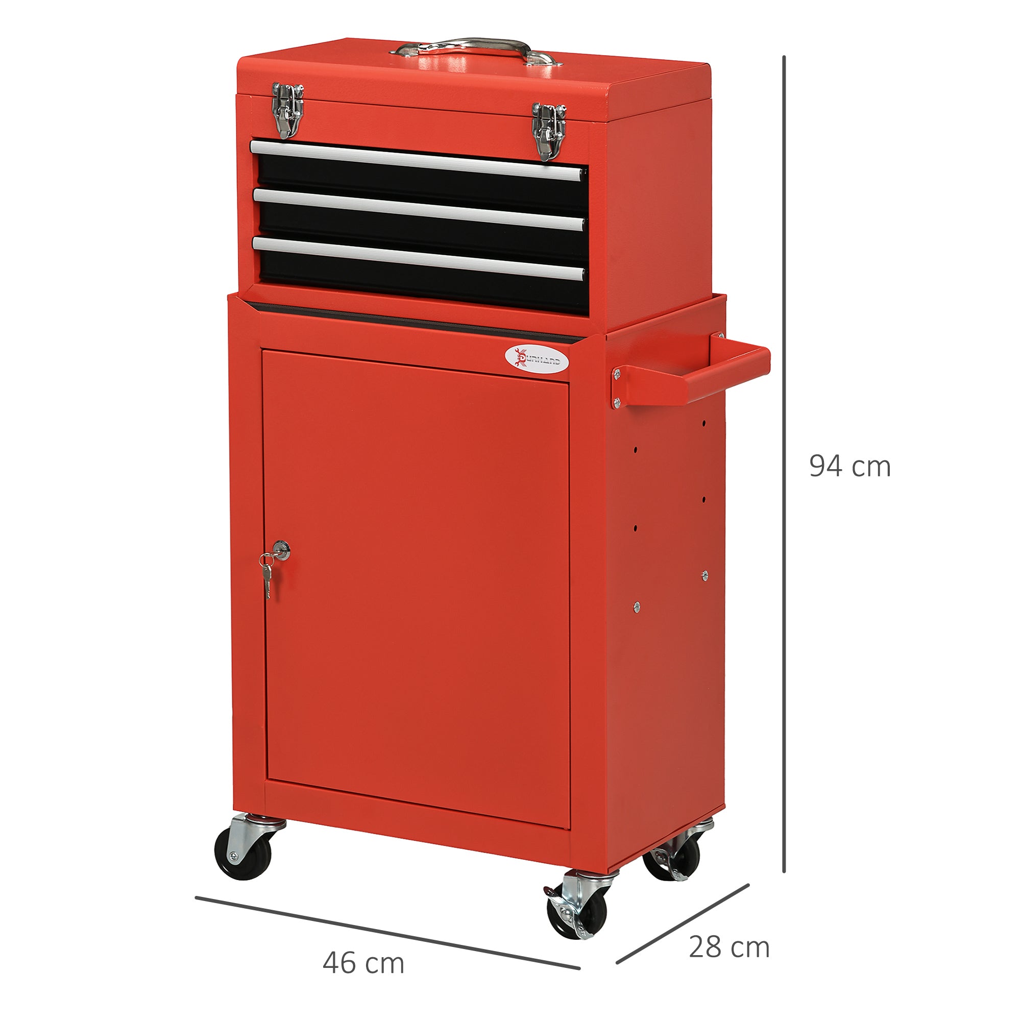 2-in-1 Workshop Trolley with Empty Toolbox, Rolling Cart for Tool Storage, Lockable Tool Box with Handle, Steel, Red
