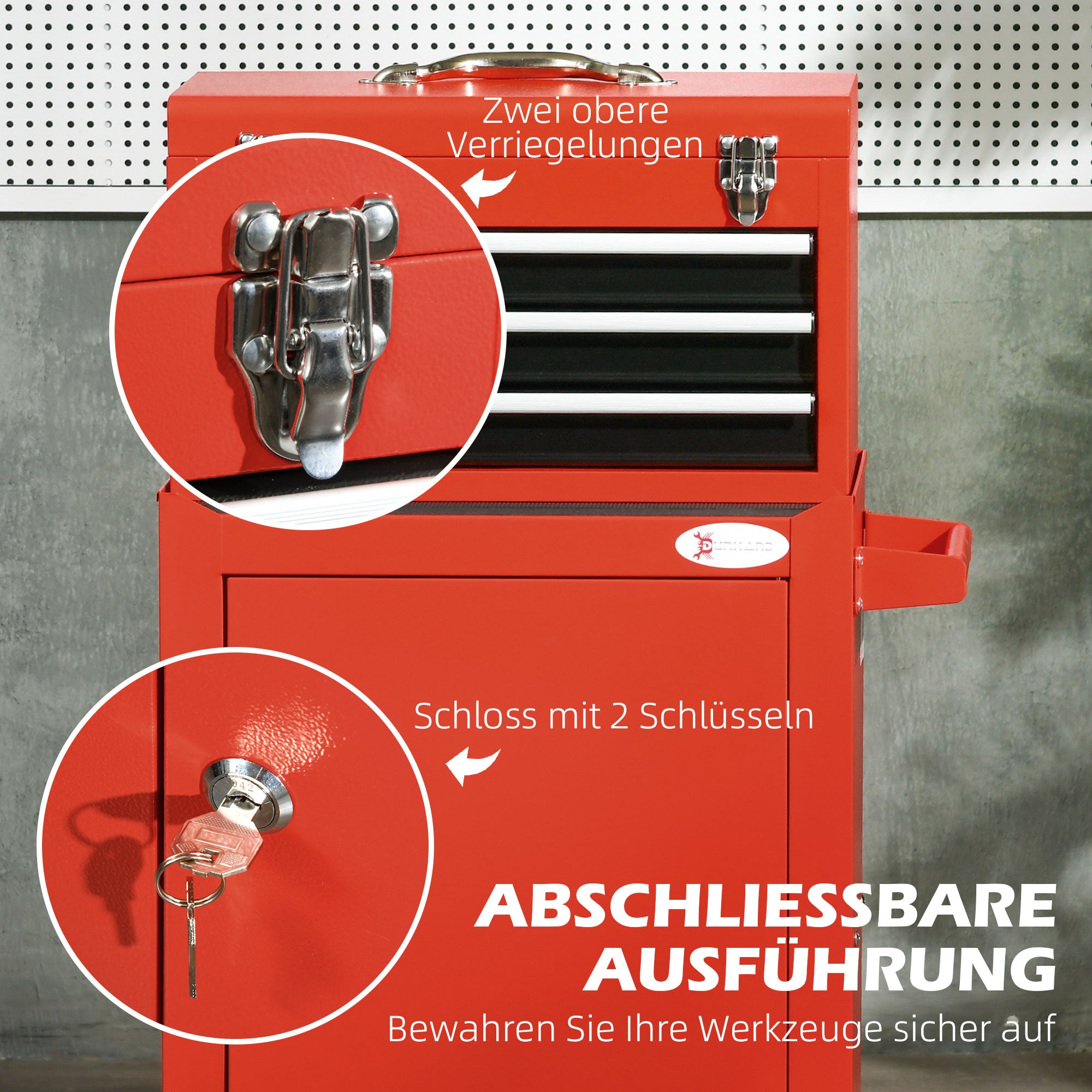 2-in-1 Workshop Trolley with Empty Toolbox, Rolling Cart for Tool Storage, Lockable Tool Box with Handle, Steel, Red