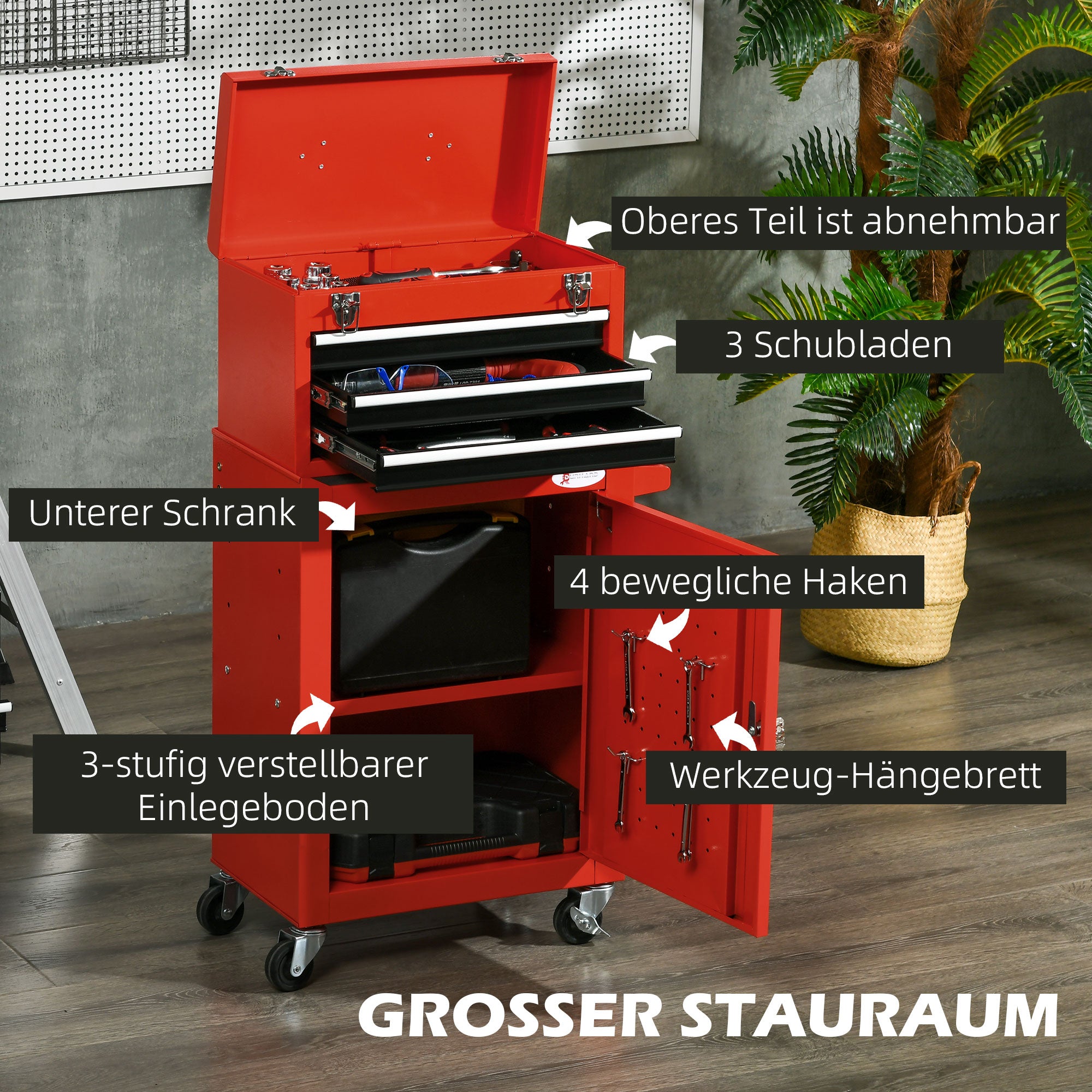 2-in-1 Workshop Trolley with Empty Toolbox, Rolling Cart for Tool Storage, Lockable Tool Box with Handle, Steel, Red