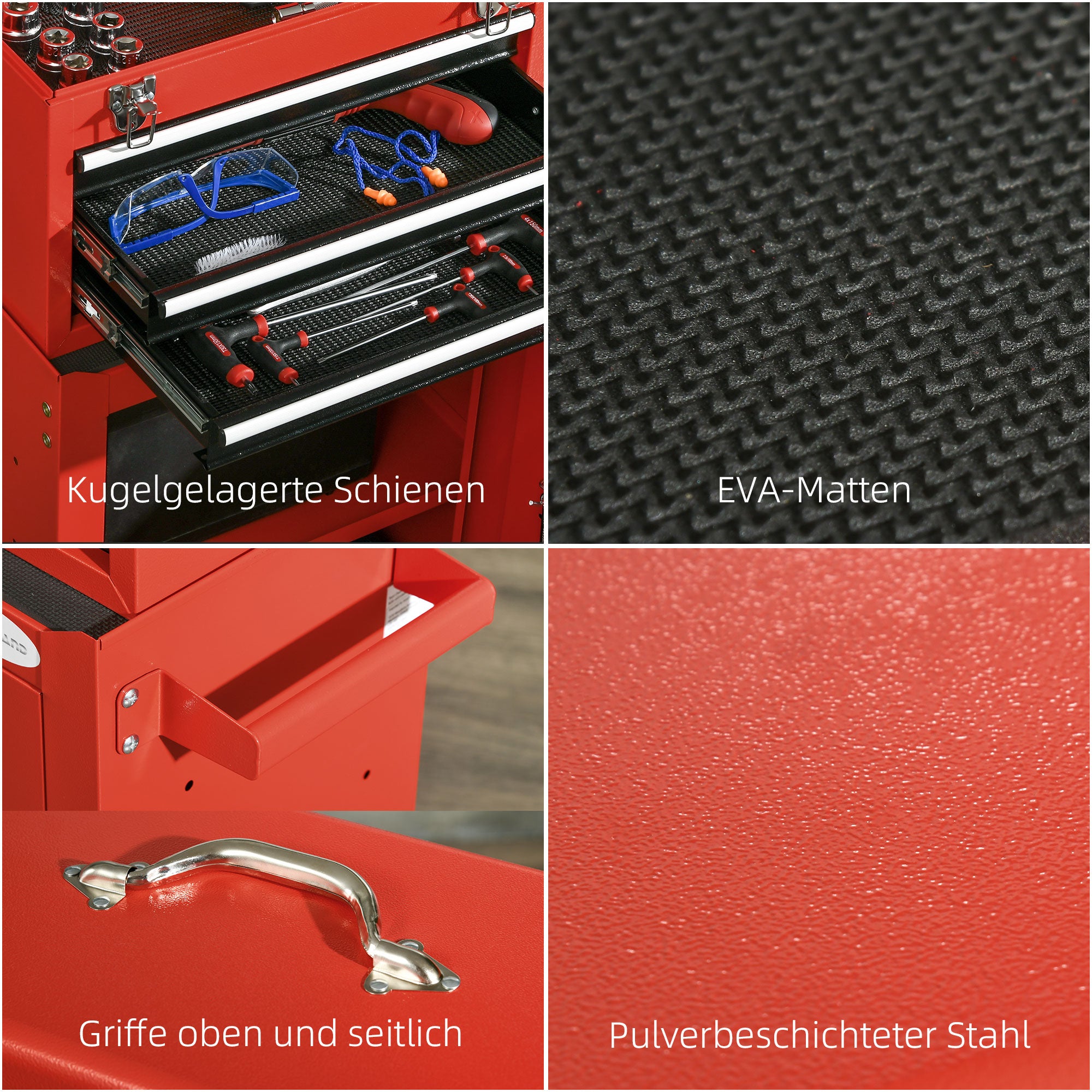 2-in-1 Workshop Trolley with Empty Toolbox, Rolling Cart for Tool Storage, Lockable Tool Box with Handle, Steel, Red