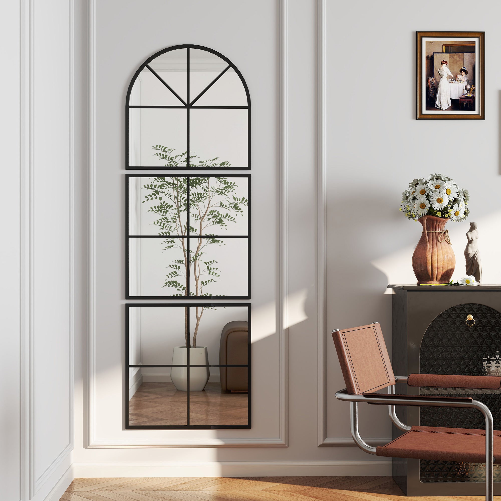 Wall Mirror 60 x 180 cm three-part, arched mirror with metal frame, decorative hanging mirror, window mirror for bathroom living room Black