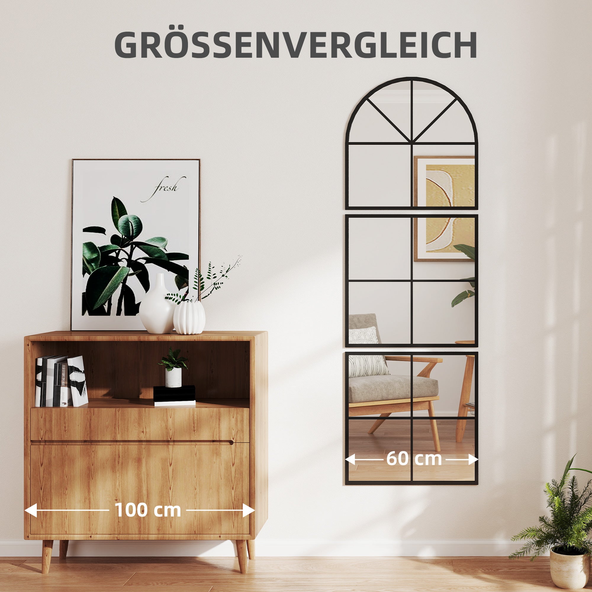 Wall Mirror 60 x 180 cm three-part, arched mirror with metal frame, decorative hanging mirror, window mirror for bathroom living room Black