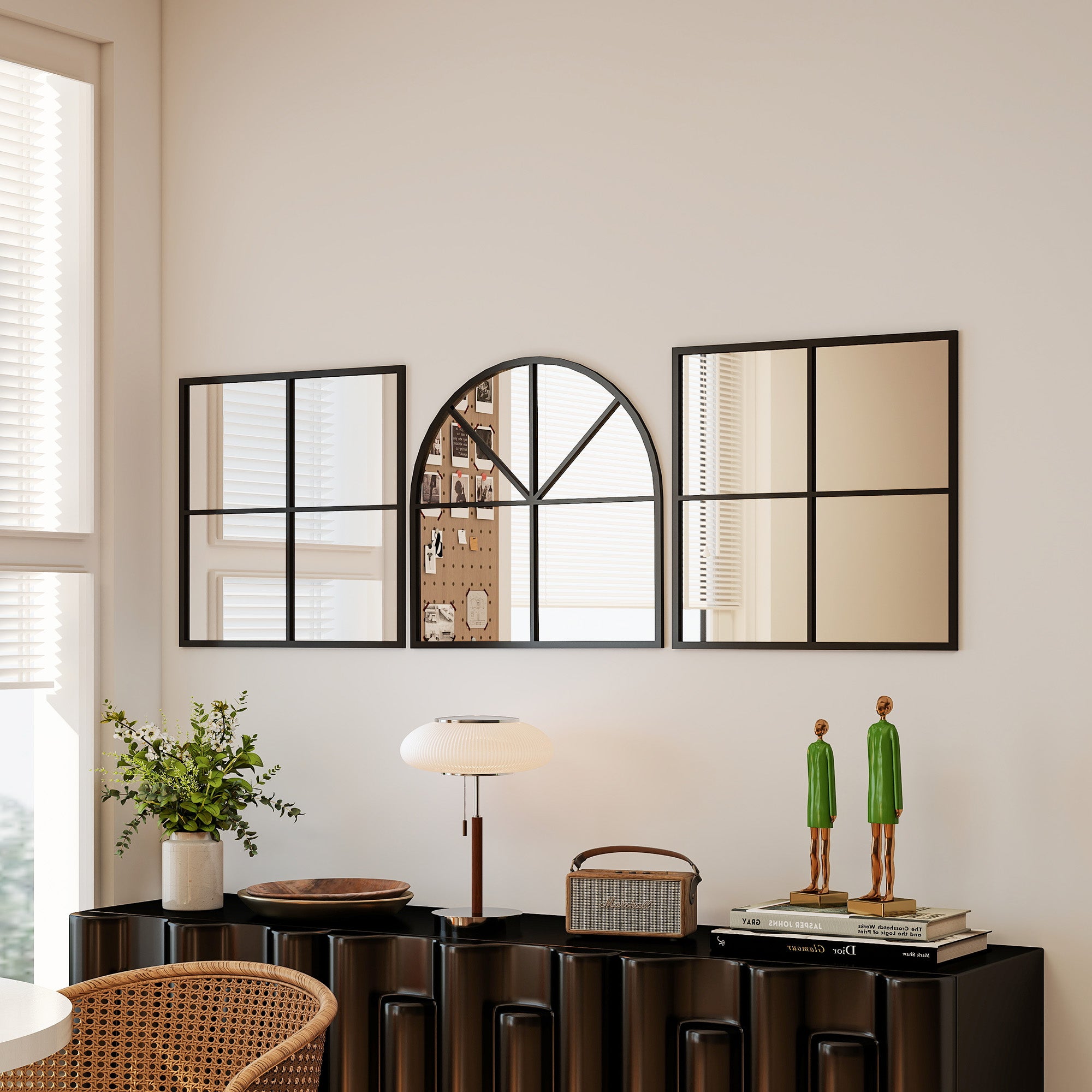 Wall Mirror 60 x 180 cm three-part, arched mirror with metal frame, decorative hanging mirror, window mirror for bathroom living room Black