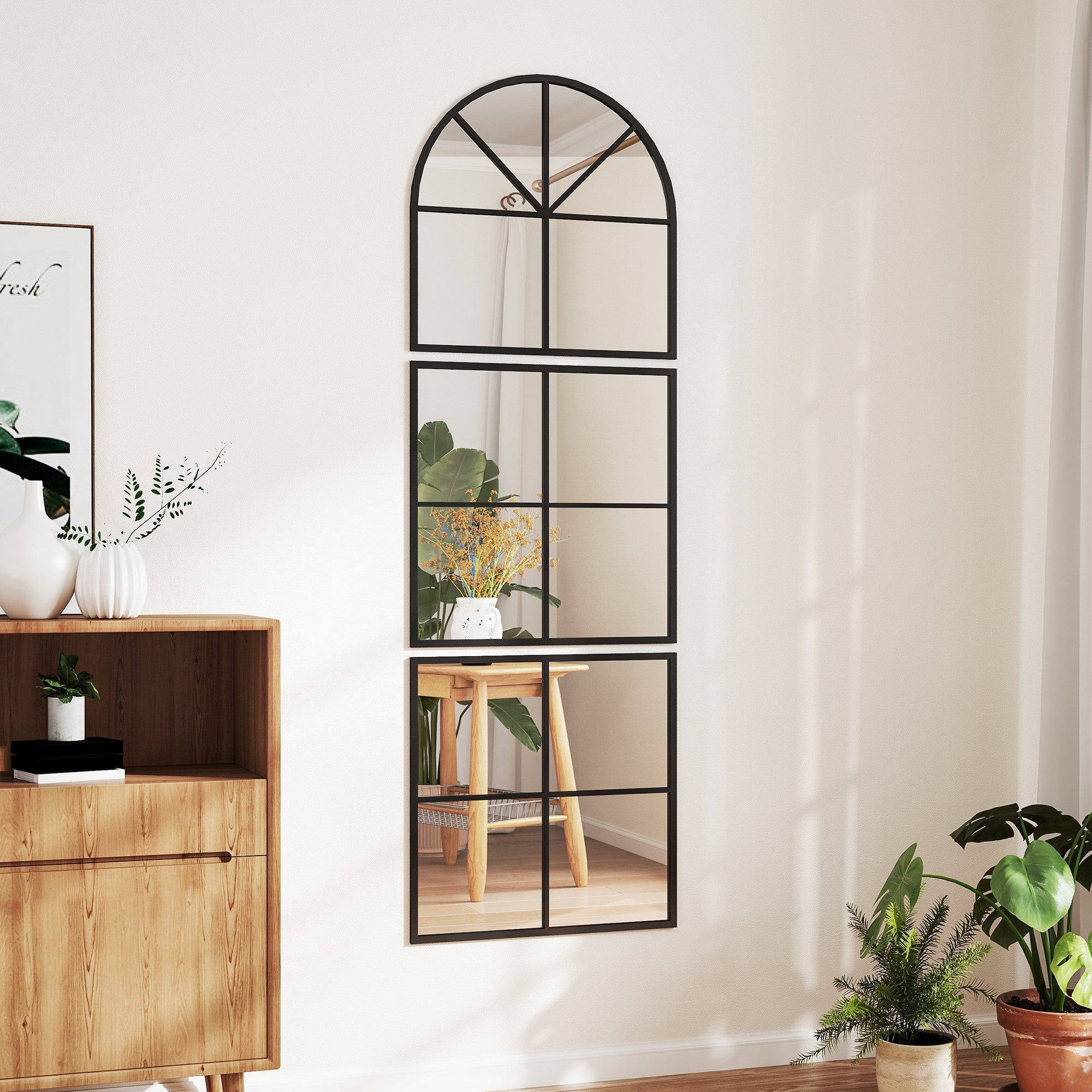 Wall Mirror 60 x 180 cm three-part, arched mirror with metal frame, decorative hanging mirror, window mirror for bathroom living room Black