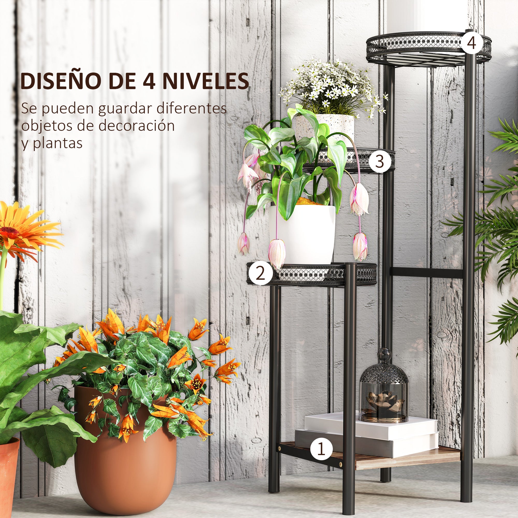 4-Tier Plant Stand Corner Plant Shelf Steel Plant Stand for Pots Indoor and Outdoor 25x25x80 cm Black