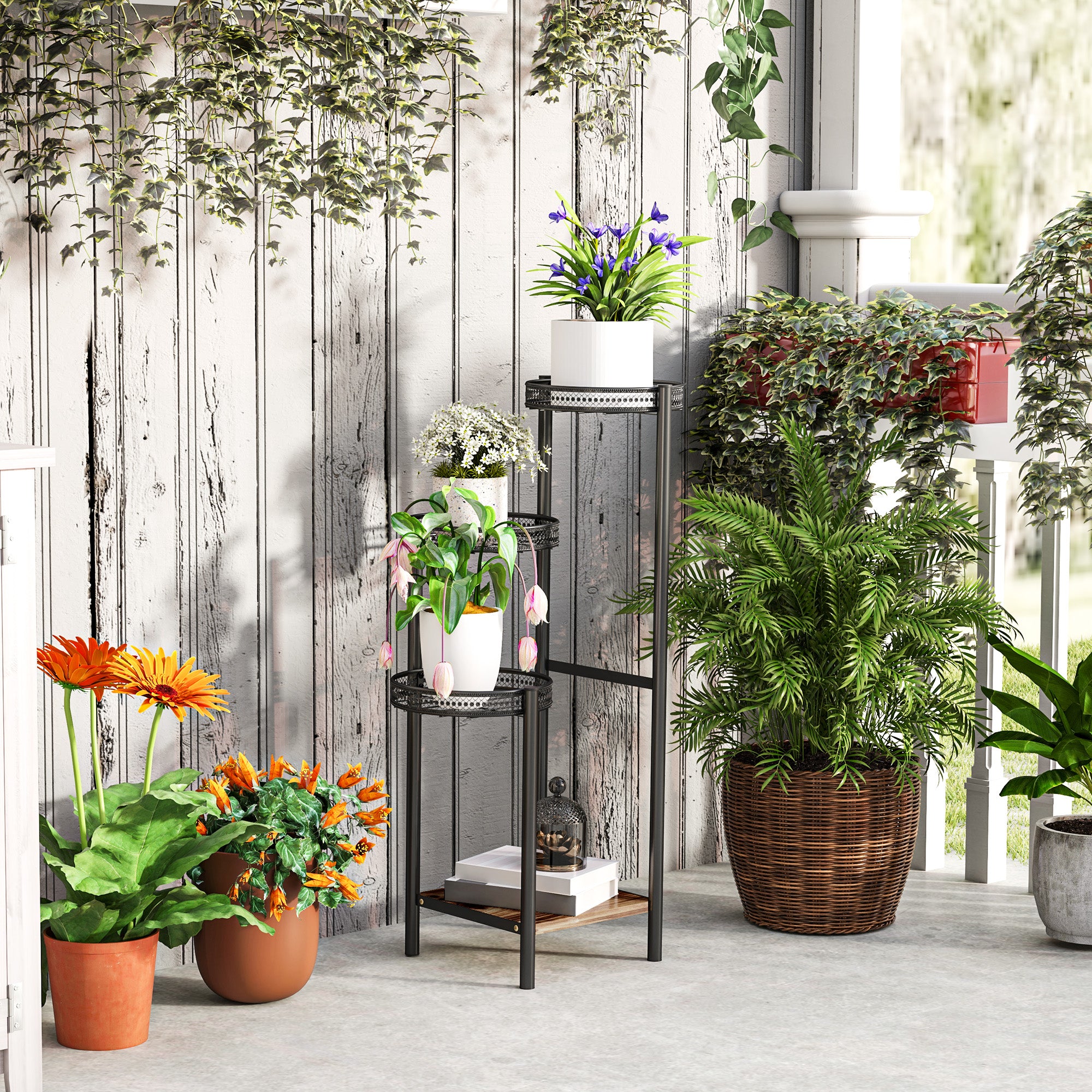 4-Tier Plant Stand Corner Plant Shelf Steel Plant Stand for Pots Indoor and Outdoor 25x25x80 cm Black