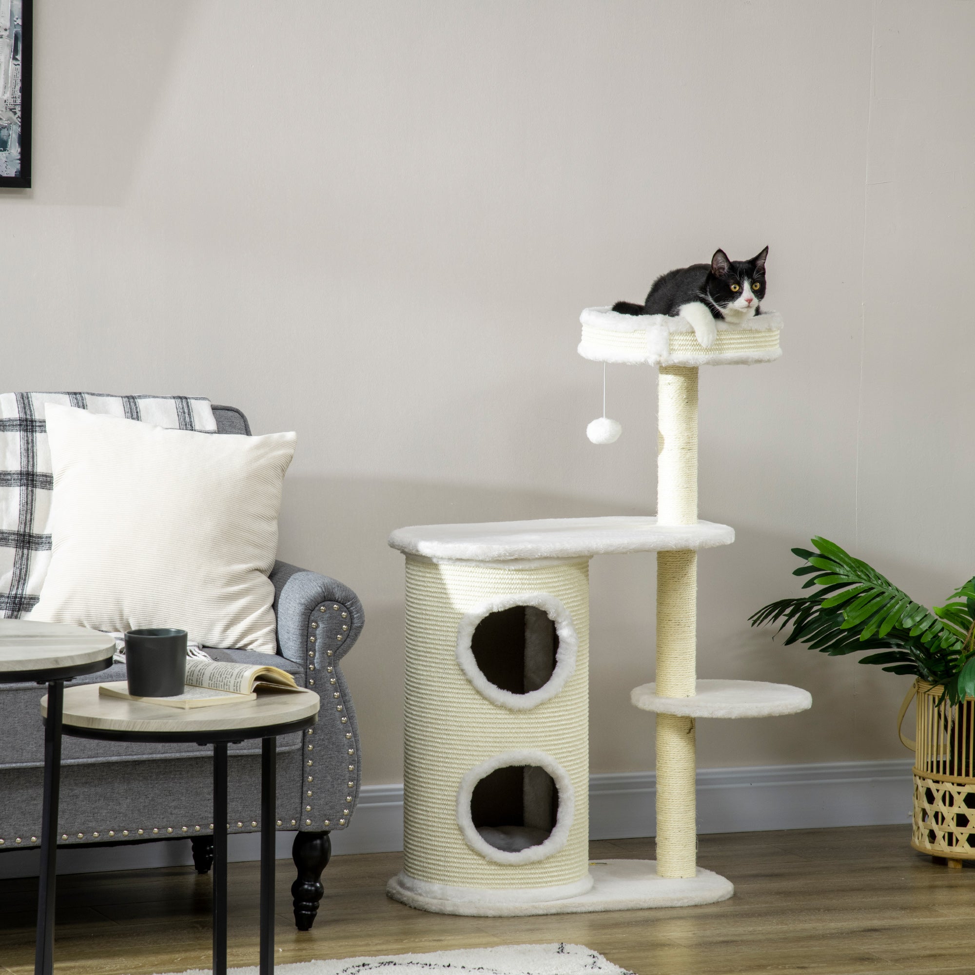 Cat Tree, 100 cm, Climbing Tree with Scratching Barrel, Cat Scratching Post, Cat Tree with Sisal Column and Play Ball, Cat Furniture with Cushion, Plush, Cream White