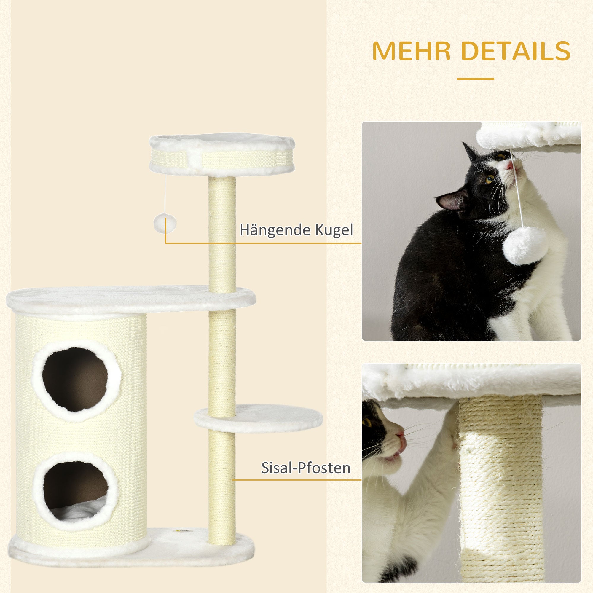 Cat Tree, 100 cm, Climbing Tree with Scratching Barrel, Cat Scratching Post, Cat Tree with Sisal Column and Play Ball, Cat Furniture with Cushion, Plush, Cream White