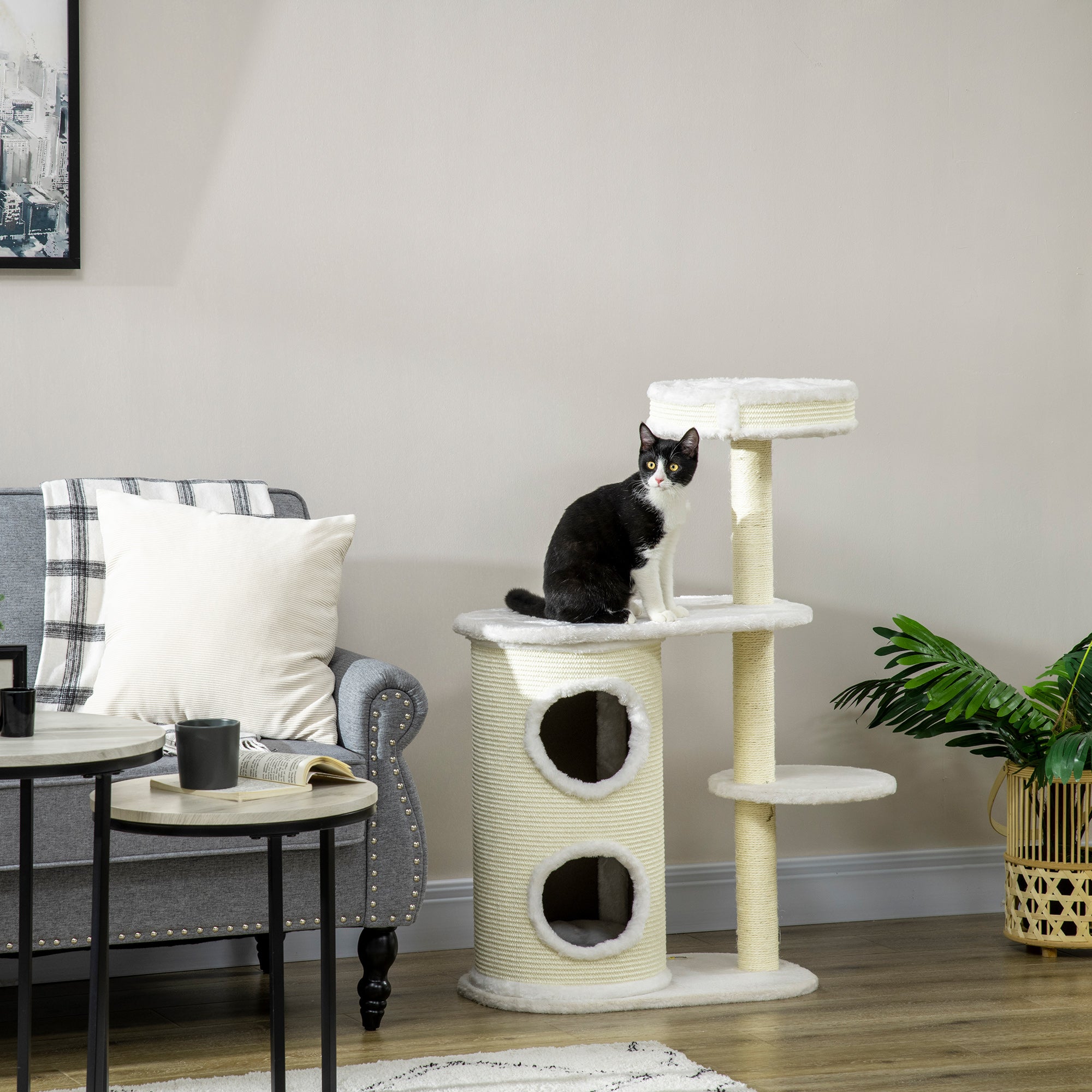 Cat Tree, 100 cm, Climbing Tree with Scratching Barrel, Cat Scratching Post, Cat Tree with Sisal Column and Play Ball, Cat Furniture with Cushion, Plush, Cream White
