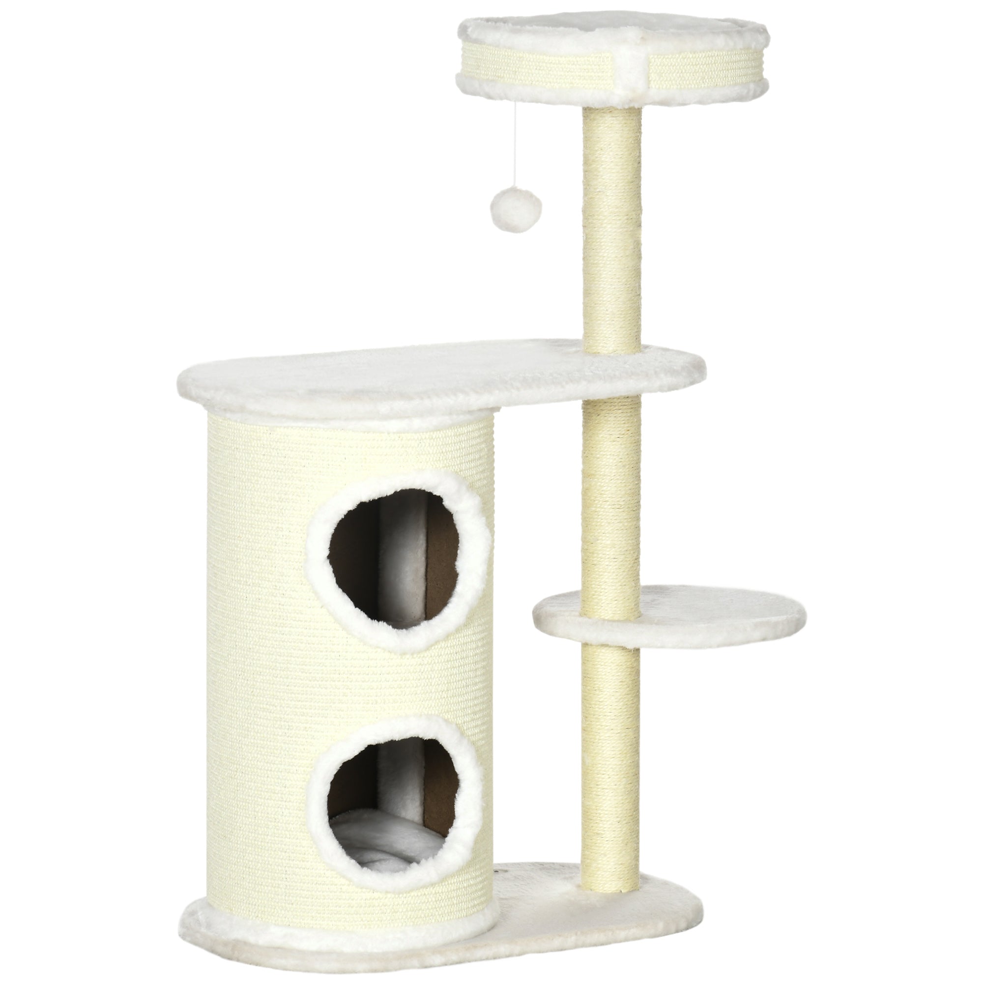 Cat Tree, 100 cm, Climbing Tree with Scratching Barrel, Cat Scratching Post, Cat Tree with Sisal Column and Play Ball, Cat Furniture with Cushion, Plush, Cream White