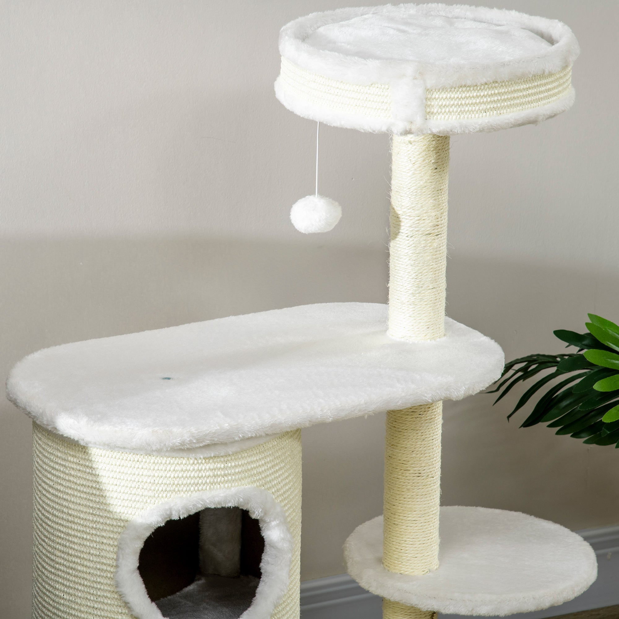 Cat Tree, 100 cm, Climbing Tree with Scratching Barrel, Cat Scratching Post, Cat Tree with Sisal Column and Play Ball, Cat Furniture with Cushion, Plush, Cream White